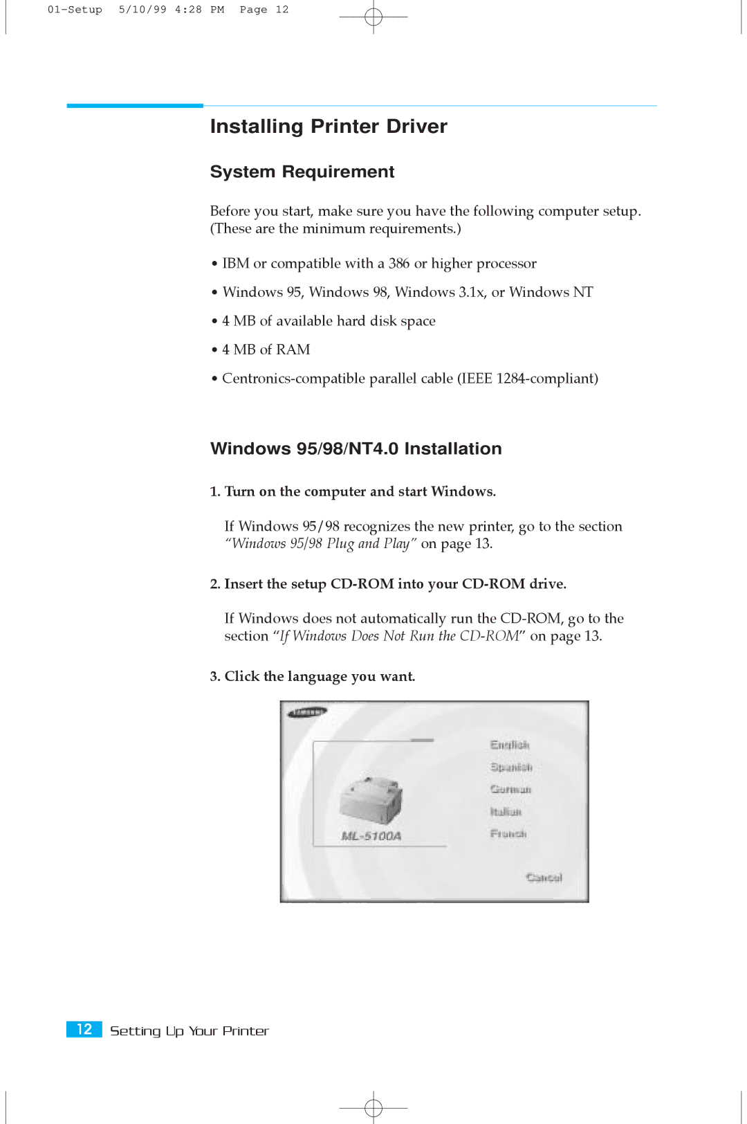 Samsung 5100A user manual Installing Printer Driver, System Requirement, Windows 95/98/NT4.0 Installation 