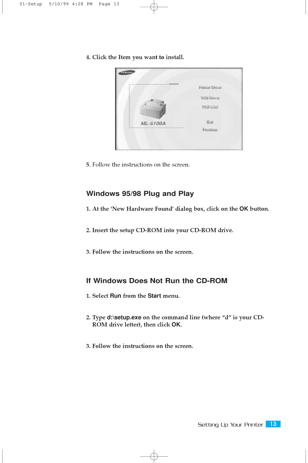 Samsung 5100A Windows 95/98 Plug and Play, If Windows Does Not Run the CD-ROM, Click the Item you want to install 