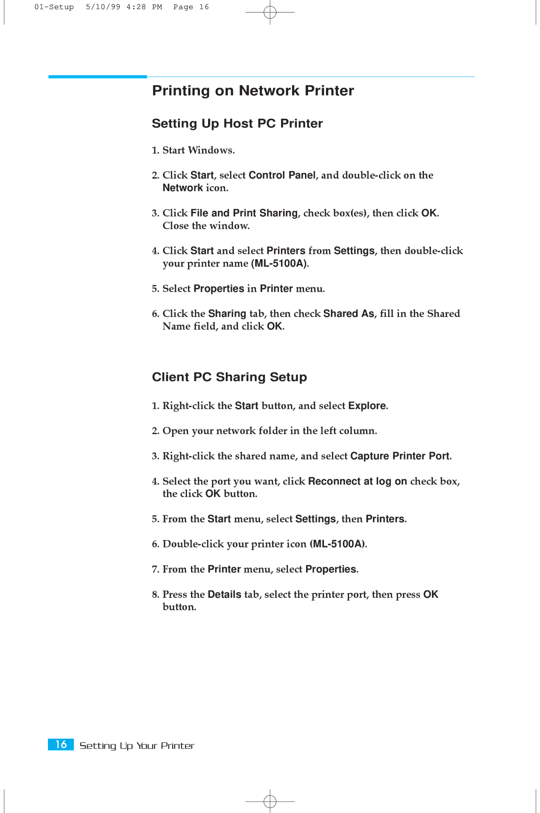 Samsung 5100A user manual Printing on Network Printer, Setting Up Host PC Printer, Client PC Sharing Setup 