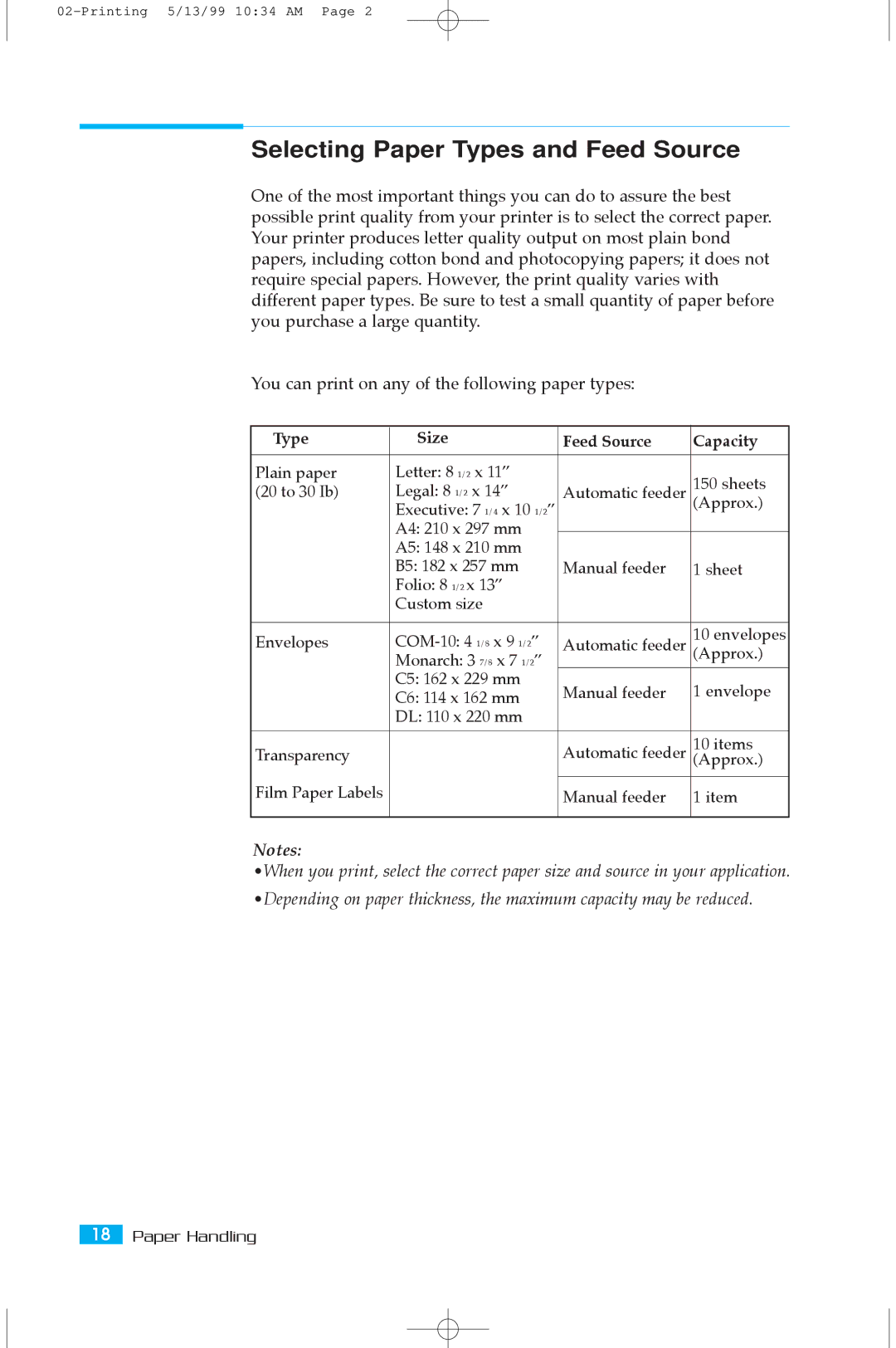 Samsung 5100A user manual Selecting Paper Types and Feed Source, Type Size Feed Source Capacity 