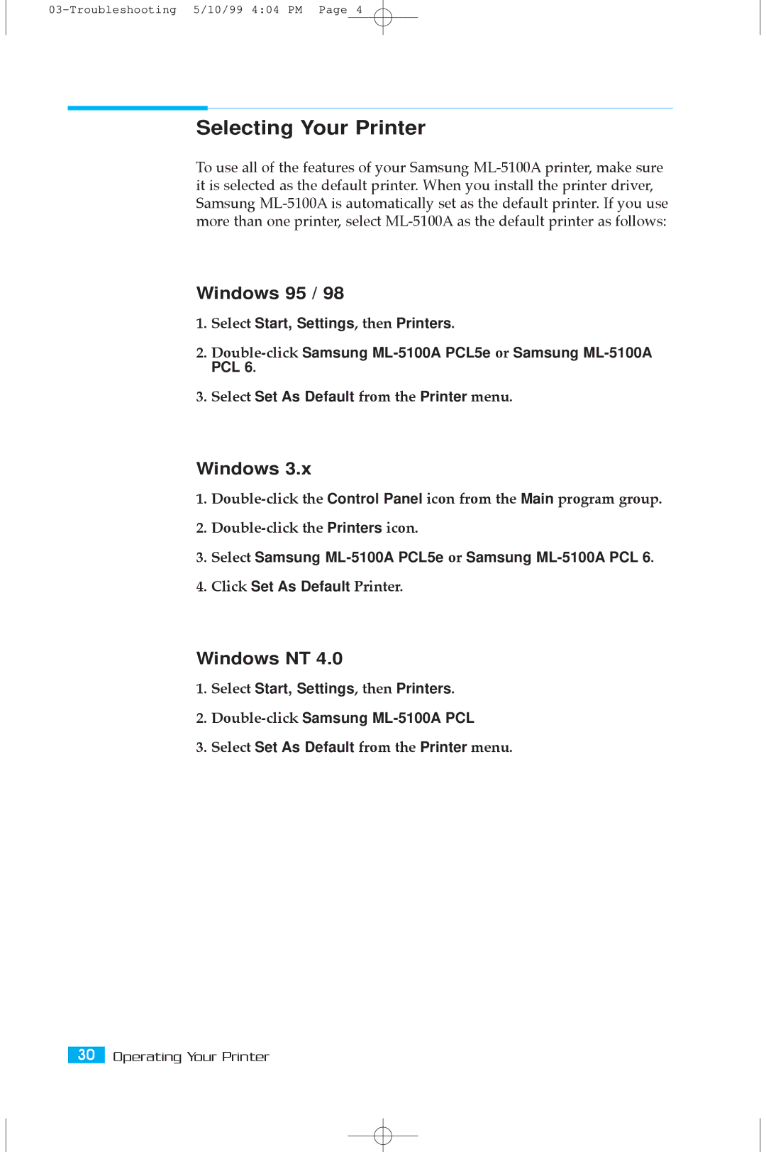 Samsung 5100A user manual Selecting Your Printer, Windows 95, Windows NT 