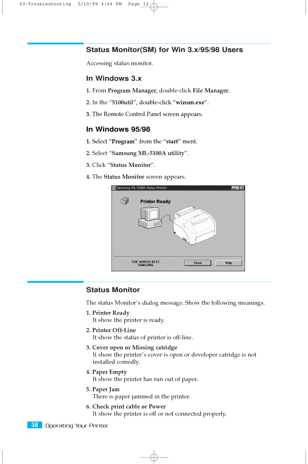 Samsung 5100A user manual Status MonitorSM for Win 3.x/95/98 Users, Windows 95/98 