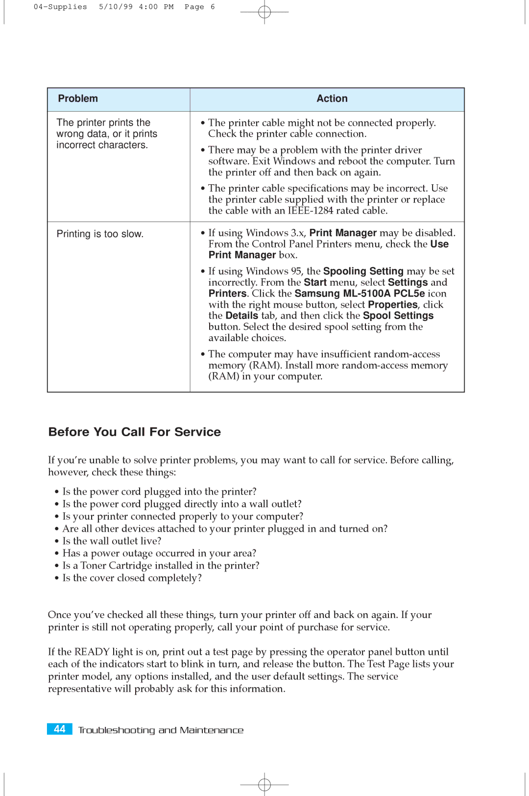 Samsung user manual Before You Call For Service, Print Manager box, Printers. Click the Samsung ML-5100A PCL5e icon 