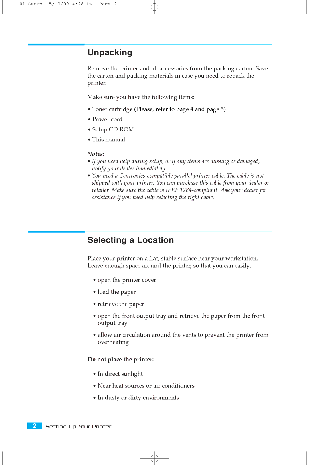 Samsung 5100A user manual Unpacking, Selecting a Location, Do not place the printer 