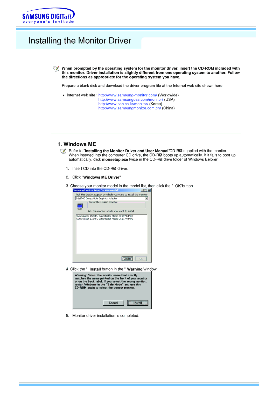 Samsung 510MP manual Installing the Monitor Driver, Click Windows ME Driver 