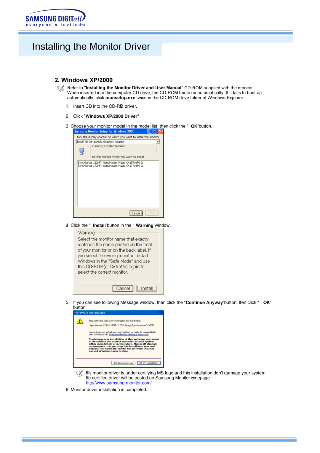 Samsung 510MP manual Click Windows XP/2000 Driver 