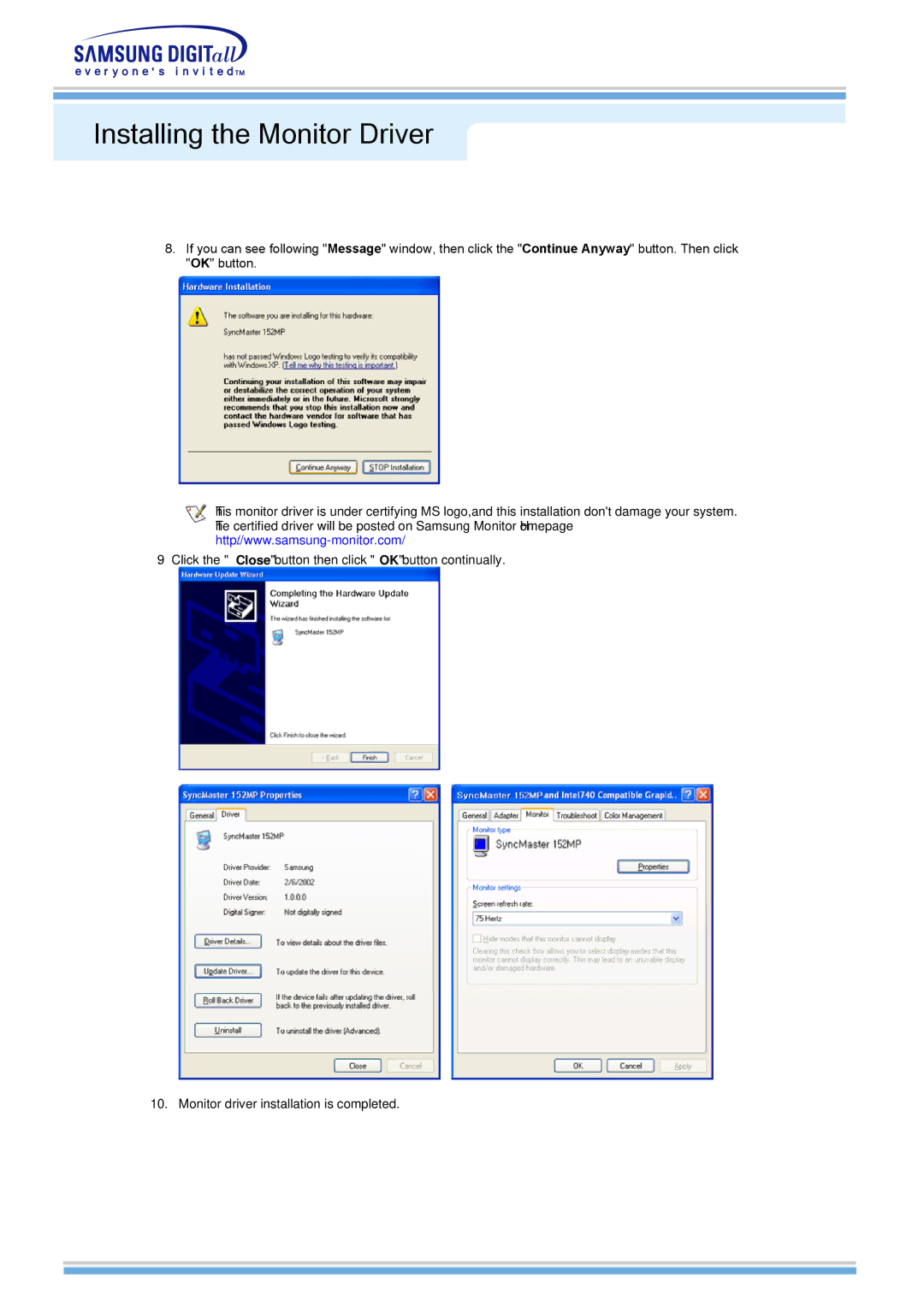 Samsung 510MP manual Installing the Monitor Driver 