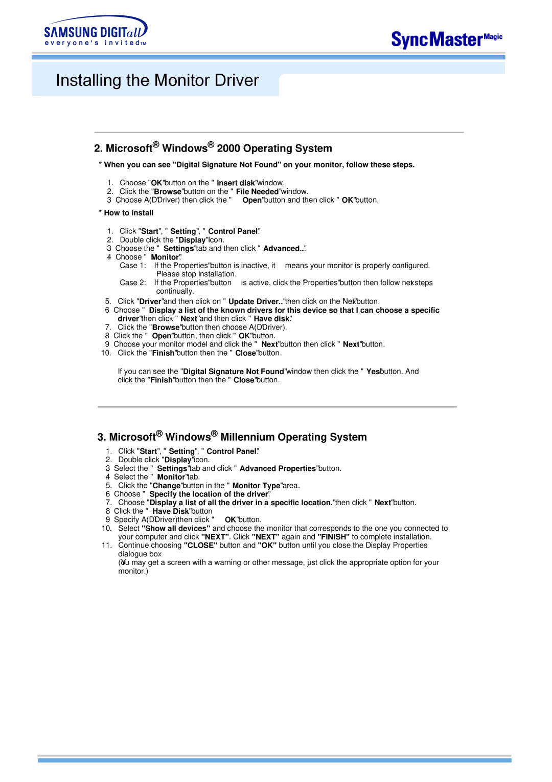 Samsung 510MP manual Microsoft Windows 2000 Operating System, Microsoft Windows Millennium Operating System 