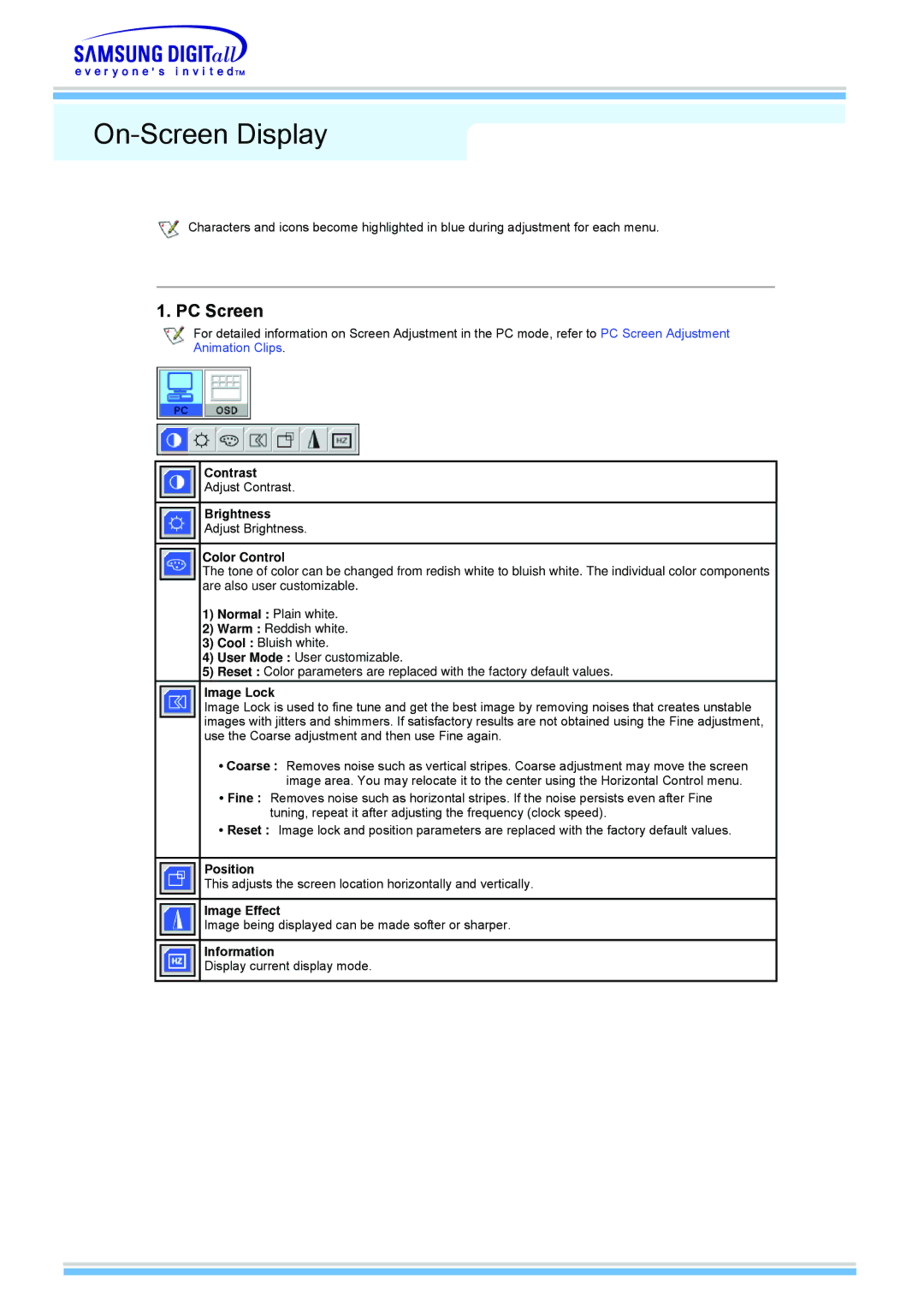 Samsung 510MP manual On-Screen Display, PC Screen 