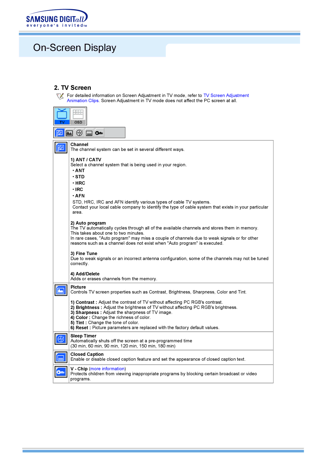 Samsung 510MP manual TV Screen 