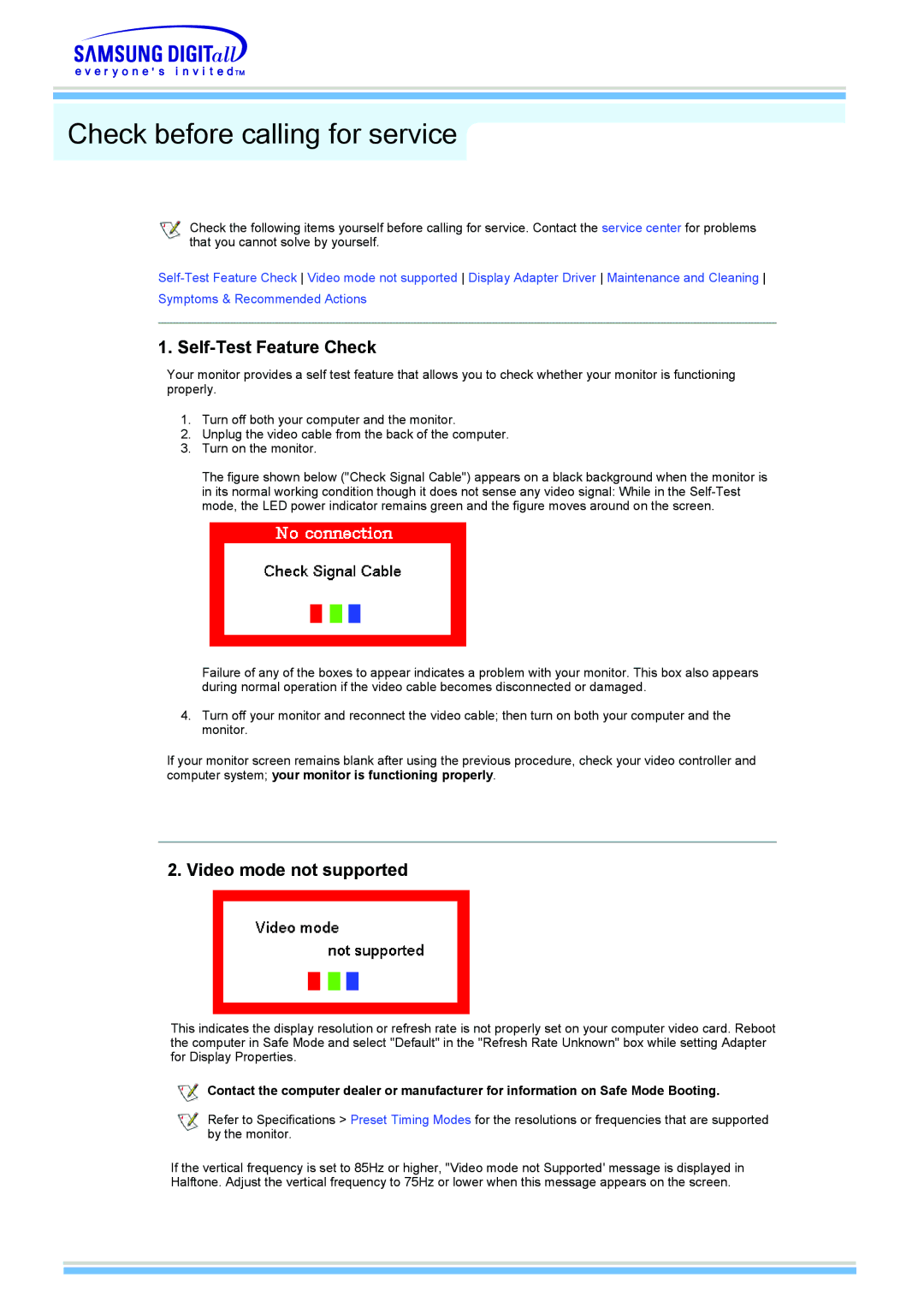 Samsung 510MP manual Check before calling for service, Self-Test Feature Check, Video mode not supported 