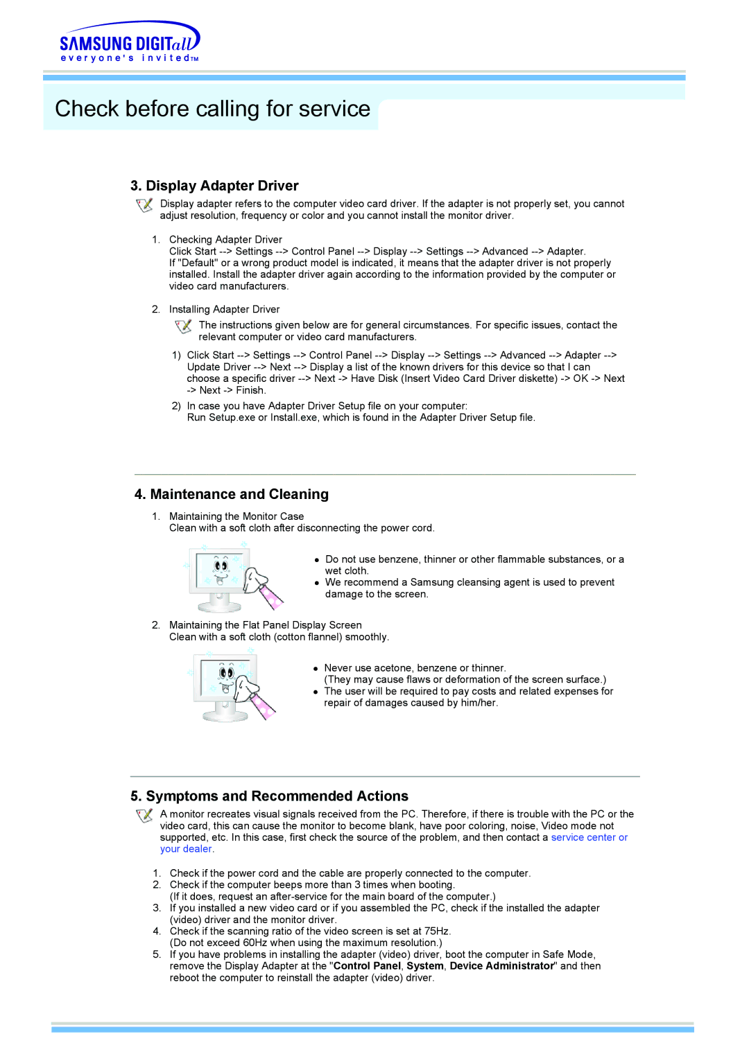 Samsung 510MP manual Display Adapter Driver, Maintenance and Cleaning, Symptoms and Recommended Actions 
