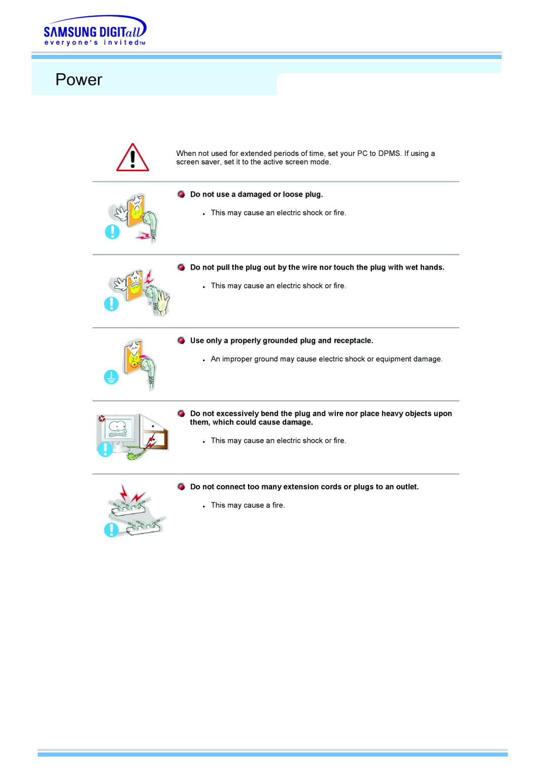 Samsung 510MP manual Power, Do not use a damaged or loose plug, Use only a properly grounded plug and receptacle 