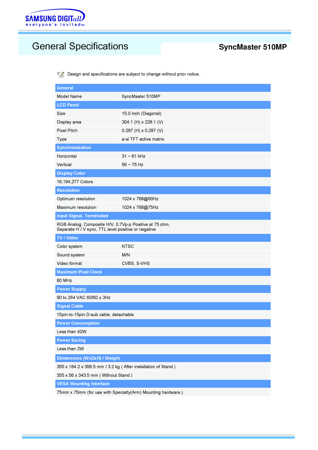 Samsung 510MP manual General Specifications 