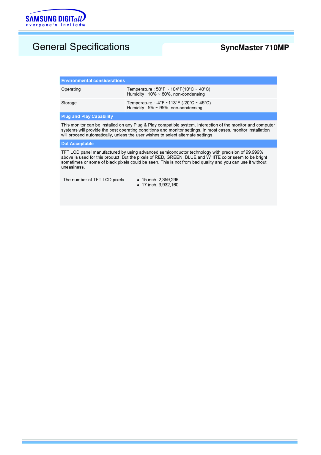 Samsung 510MP manual General Specifications 