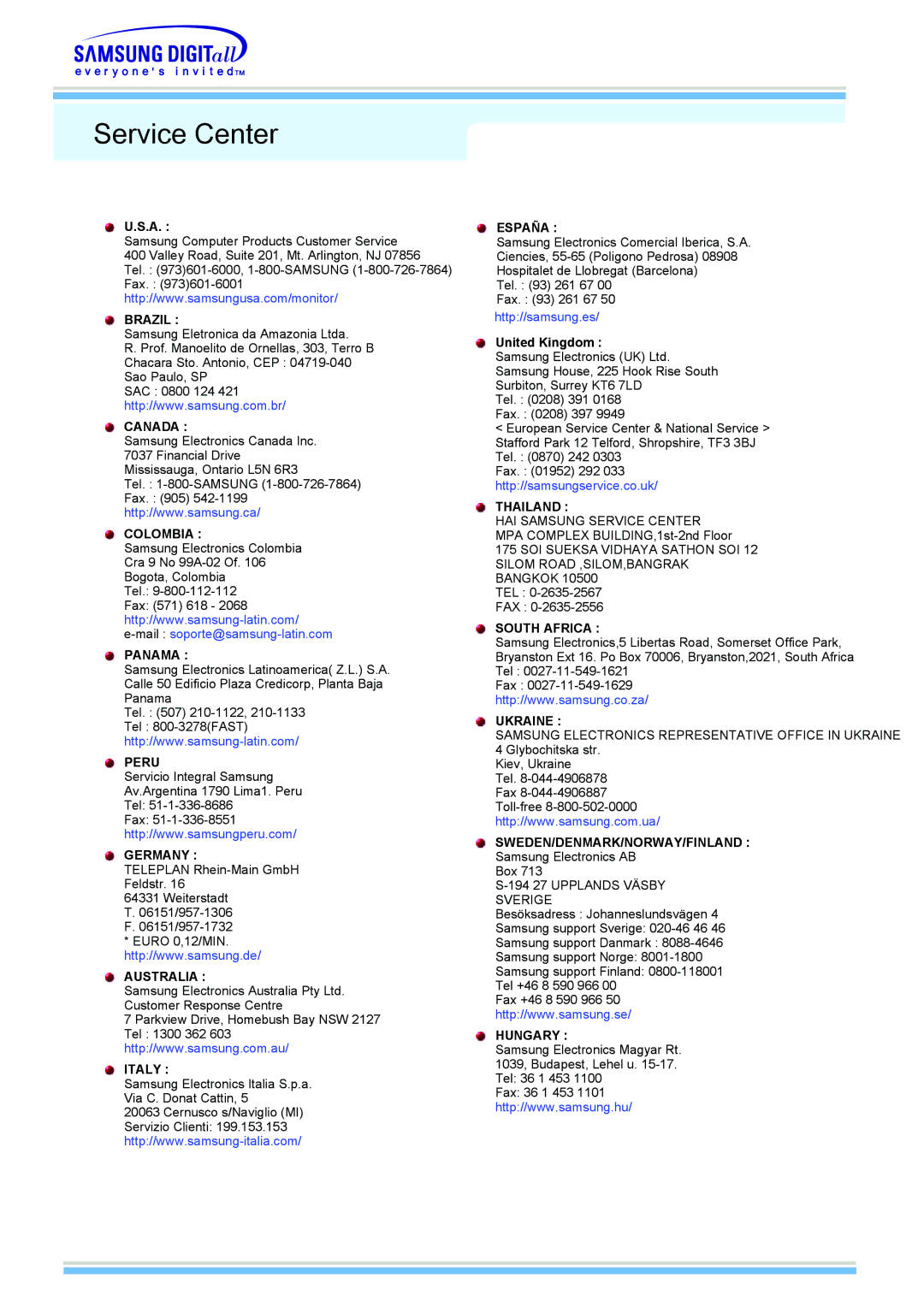 Samsung 510MP manual Service Center, United Kingdom 