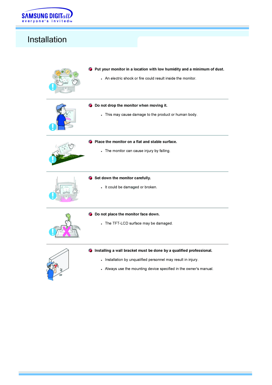 Samsung 510MP manual Installation, Do not drop the monitor when moving it, Place the monitor on a flat and stable surface 