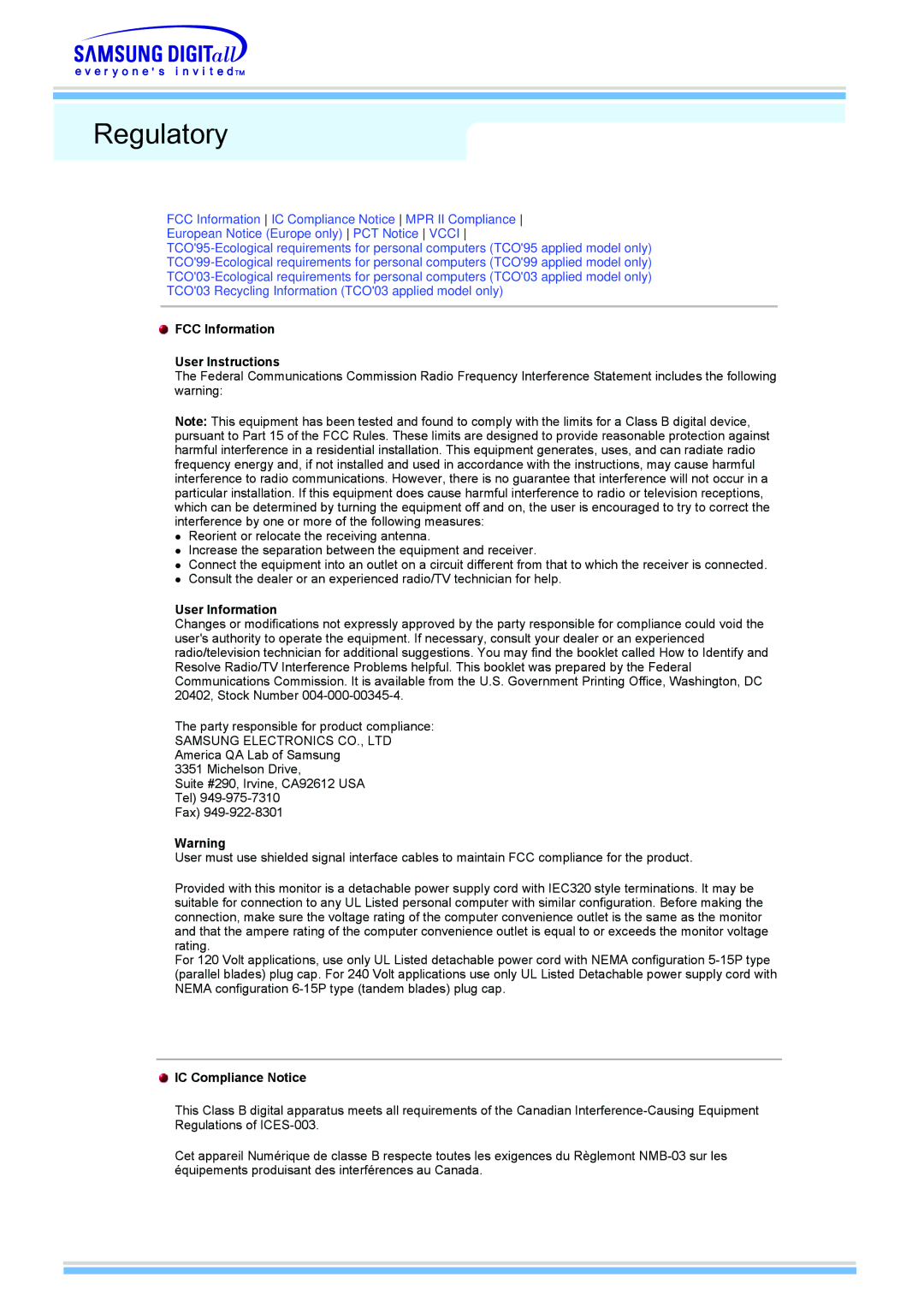 Samsung 510MP manual Regulatory, FCC Information User Instructions, User Information, IC Compliance Notice 