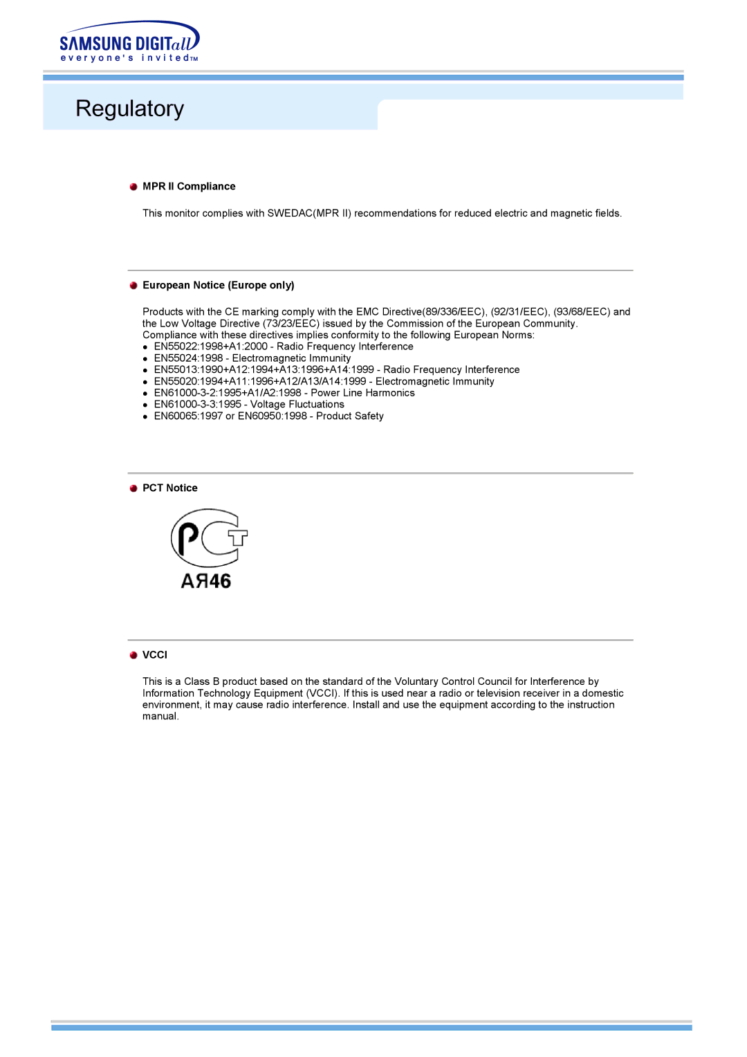 Samsung 510MP manual MPR II Compliance, European Notice Europe only, PCT Notice 