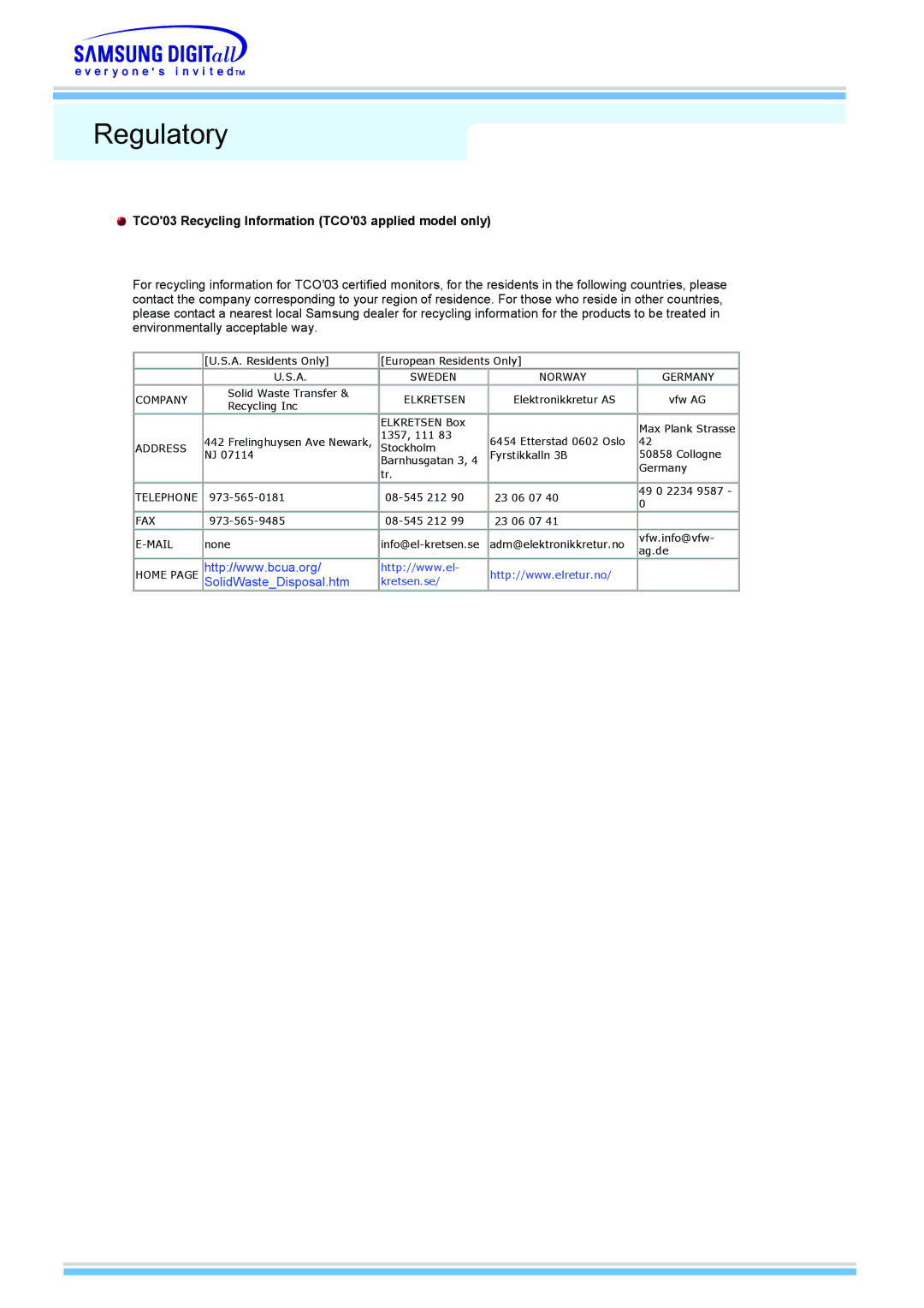 Samsung 510MP manual TCO03 Recycling Information TCO03 applied model only, Elkretsen 