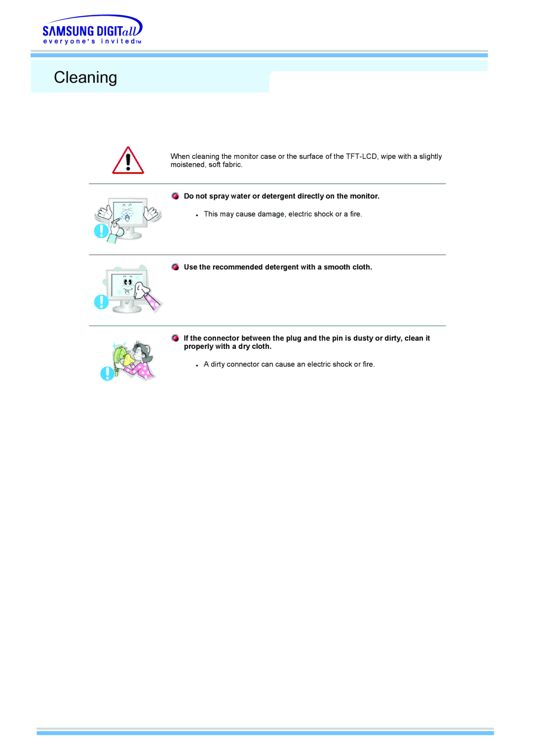 Samsung 510MP manual Cleaning, Do not spray water or detergent directly on the monitor 