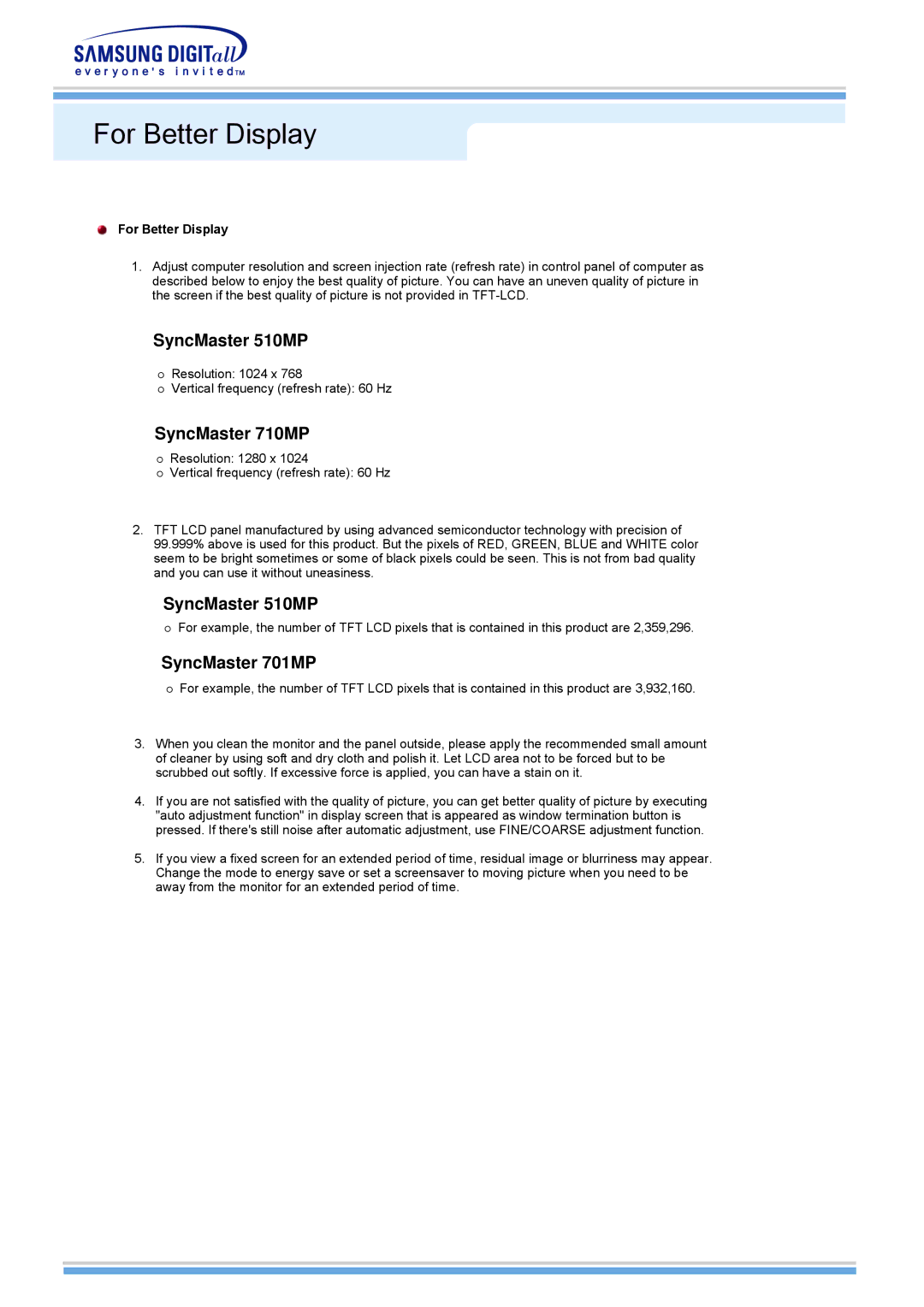 Samsung manual For Better Display, SyncMaster 510MP, SyncMaster 710MP, SyncMaster 701MP 