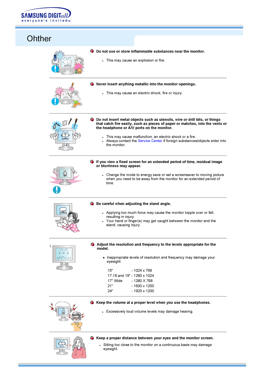 Samsung 510MP manual Do not use or store inflammable substances near the monitor, Be careful when adjusting the stand angle 