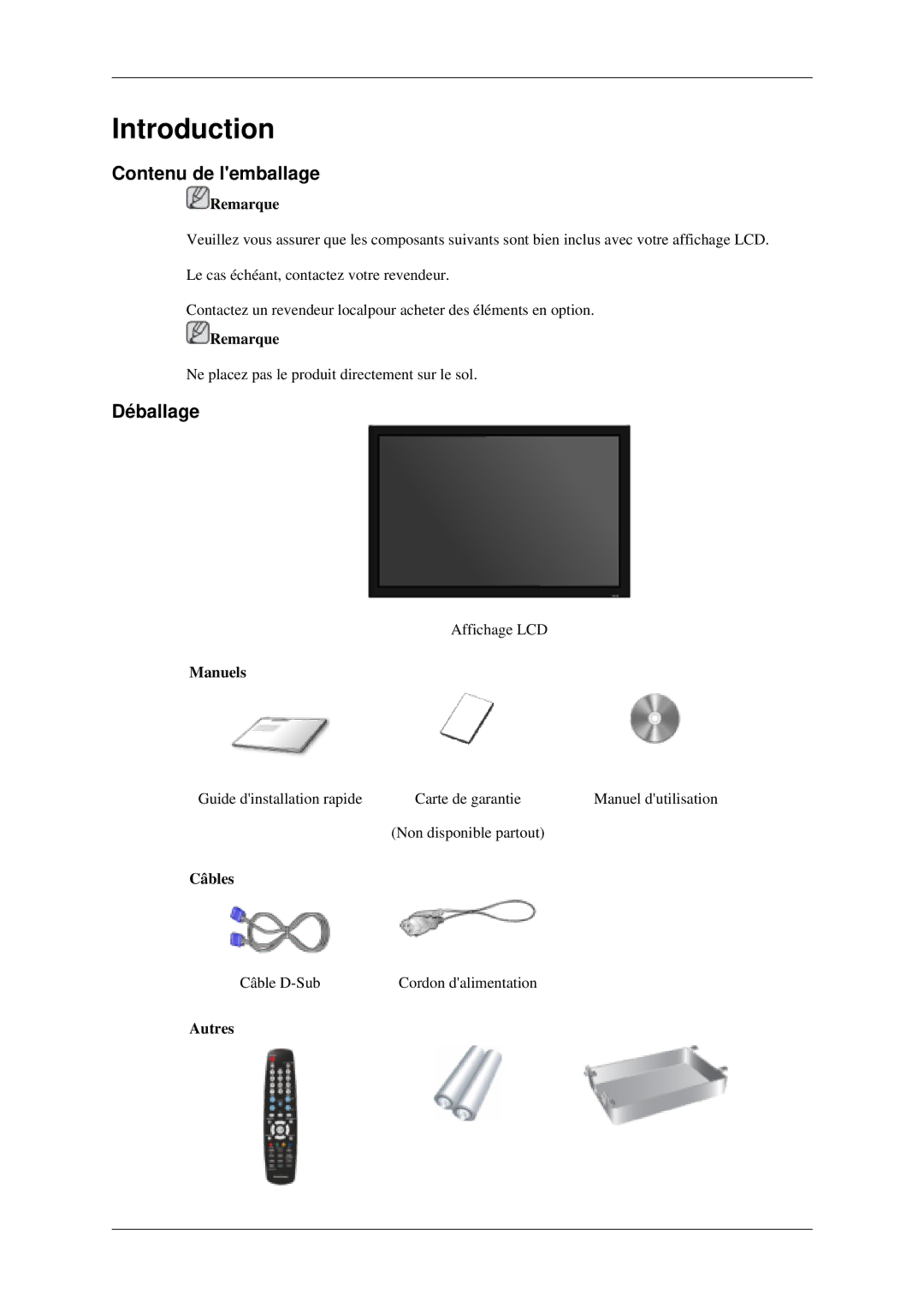 Samsung 520DXN quick start Contenu de lemballage, Déballage 