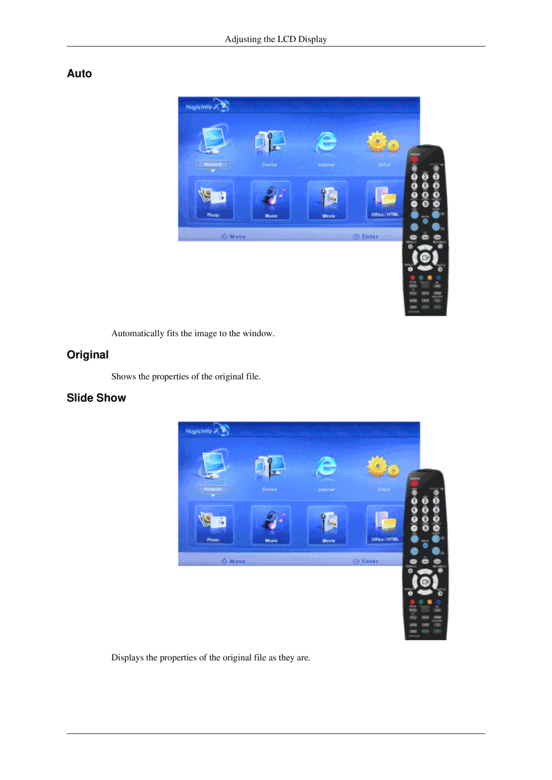 Samsung 520DXN user manual Auto, Original, Slide Show 