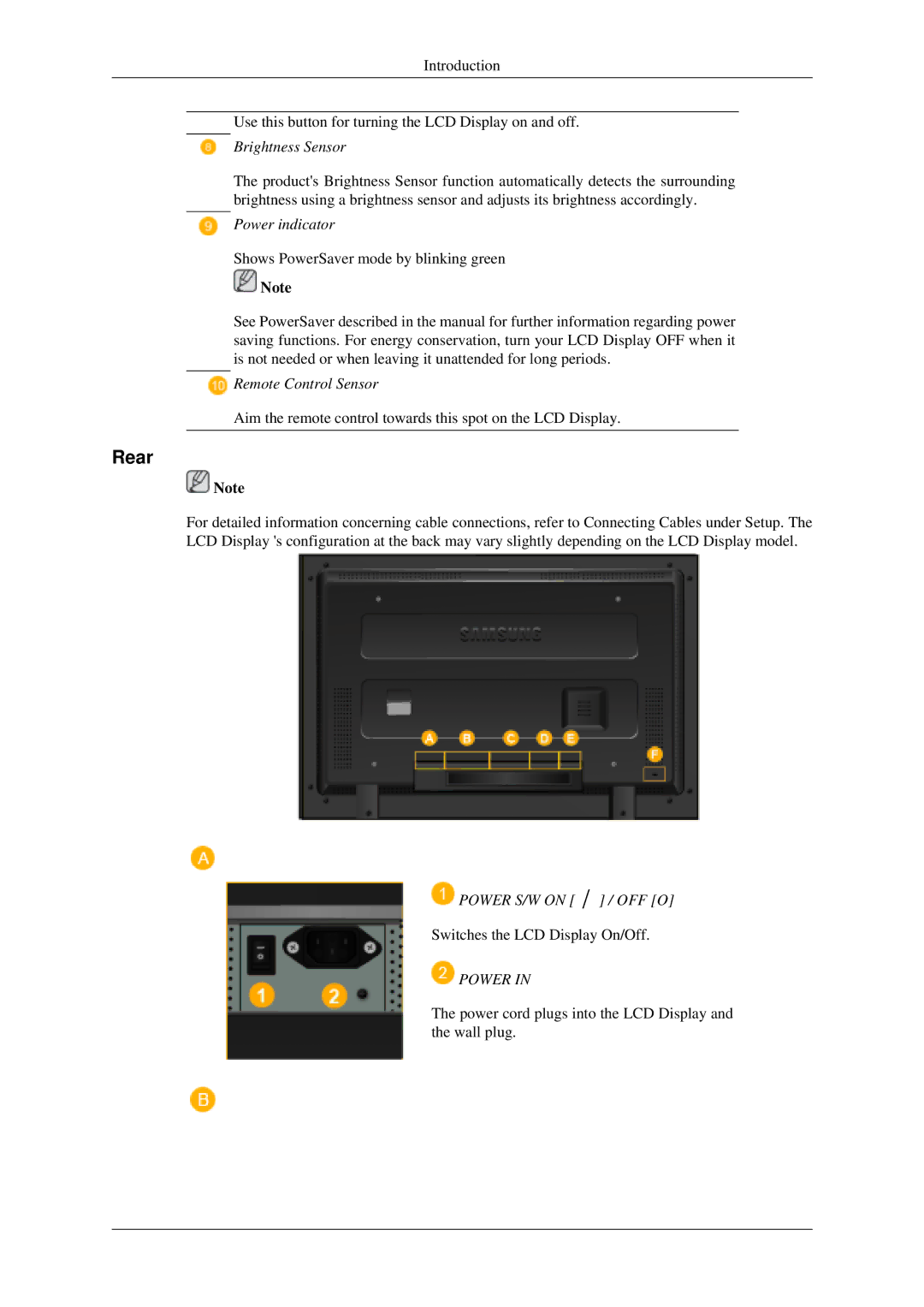 Samsung 520DXN user manual Rear, Brightness Sensor 