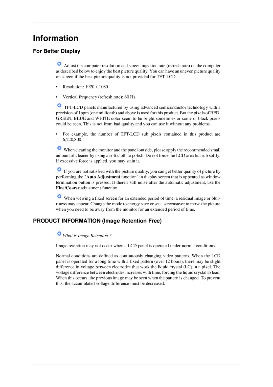 Samsung 520DXN user manual For Better Display, Product Information Image Retention Free 