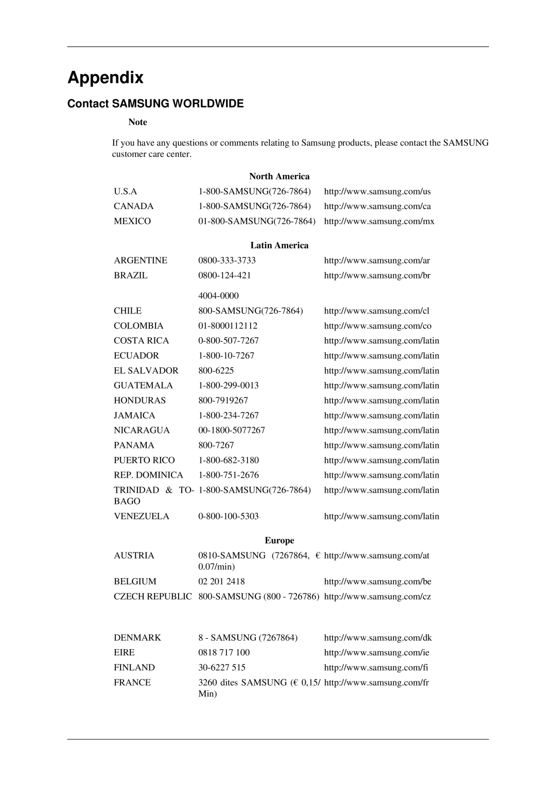 Samsung 520DXN user manual Contact Samsung Worldwide, North America, Latin America, Europe 