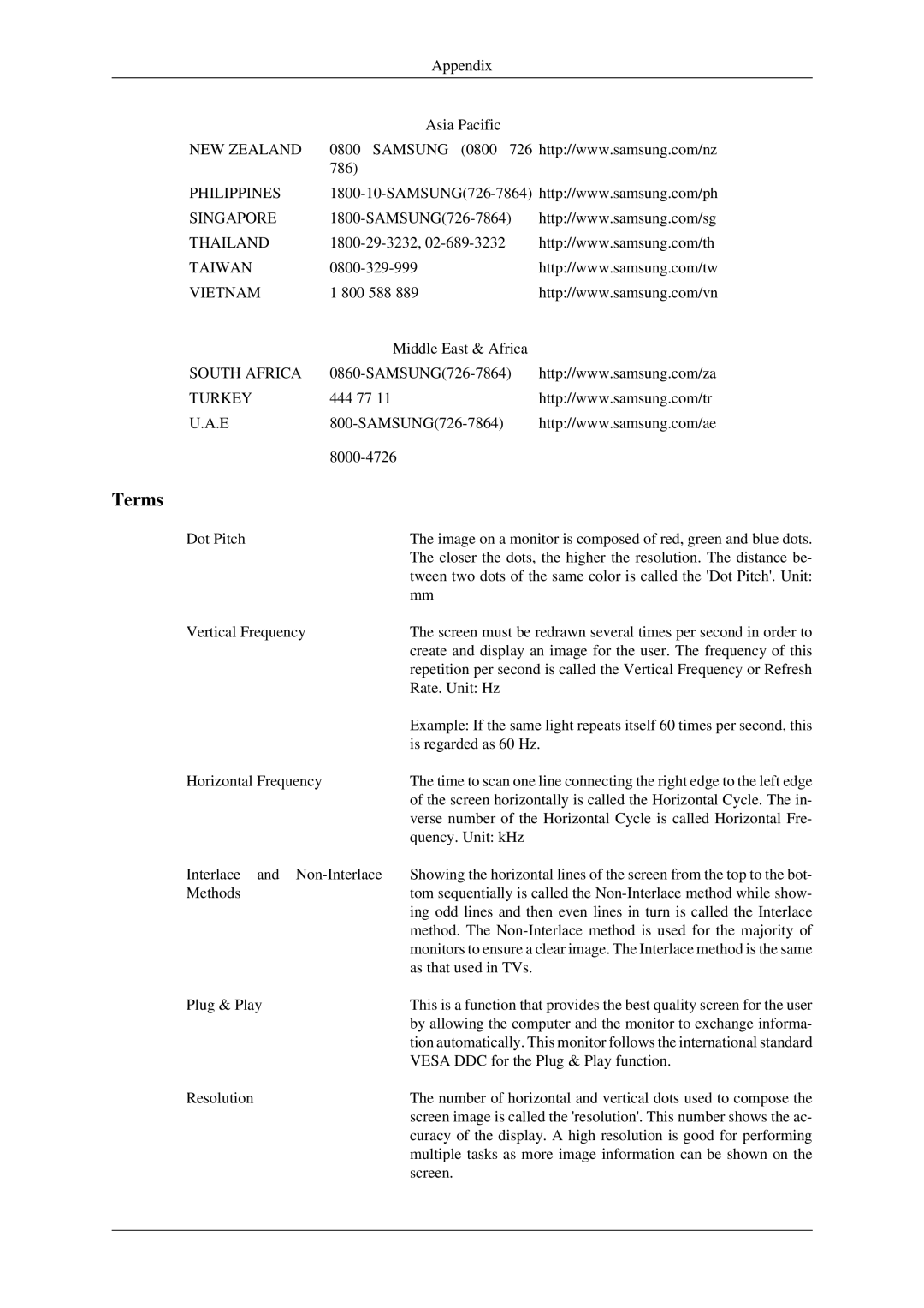 Samsung 520DXN user manual Terms, Middle East & Africa 