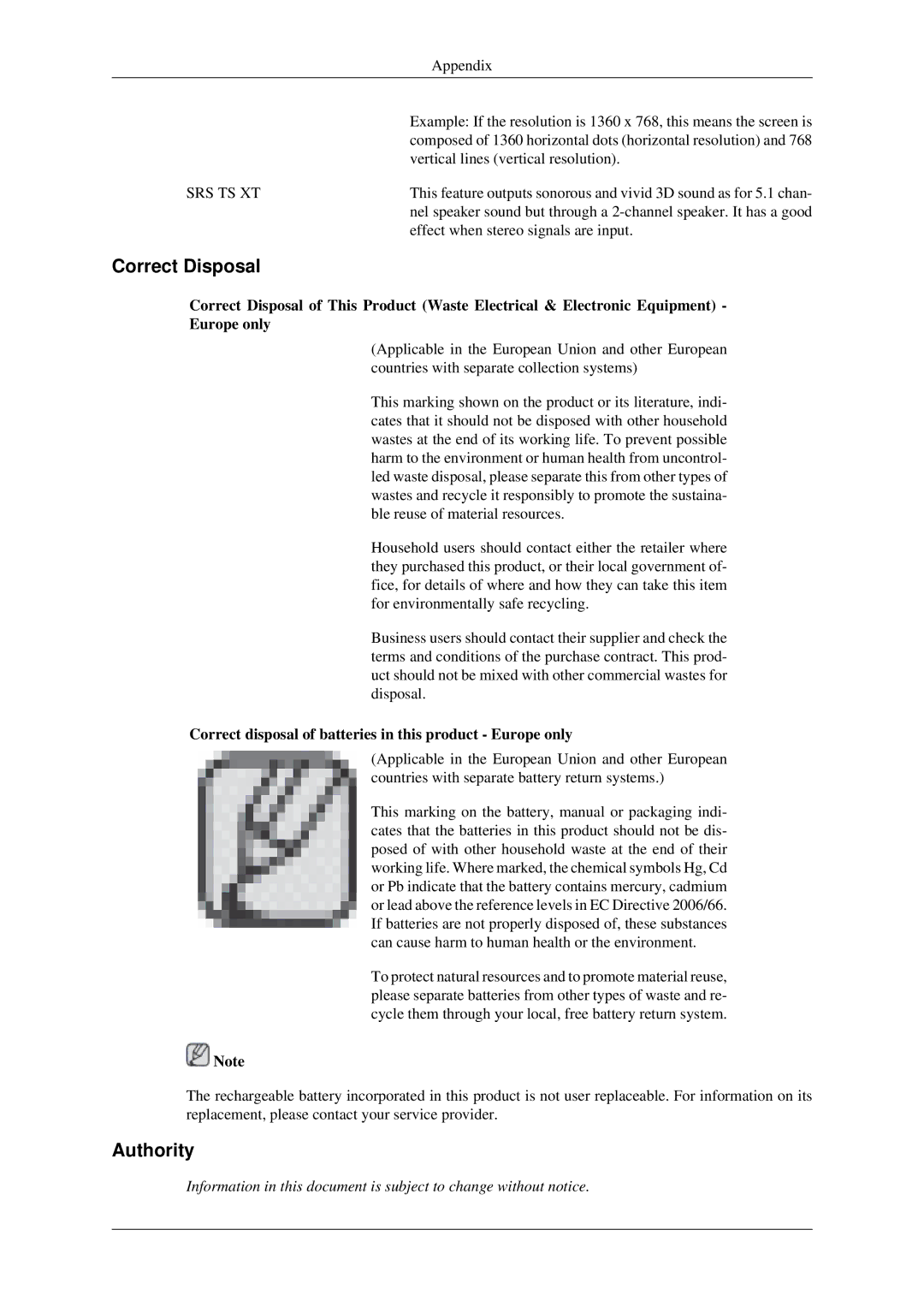 Samsung 520DXN user manual Correct Disposal, Authority, Correct disposal of batteries in this product Europe only 