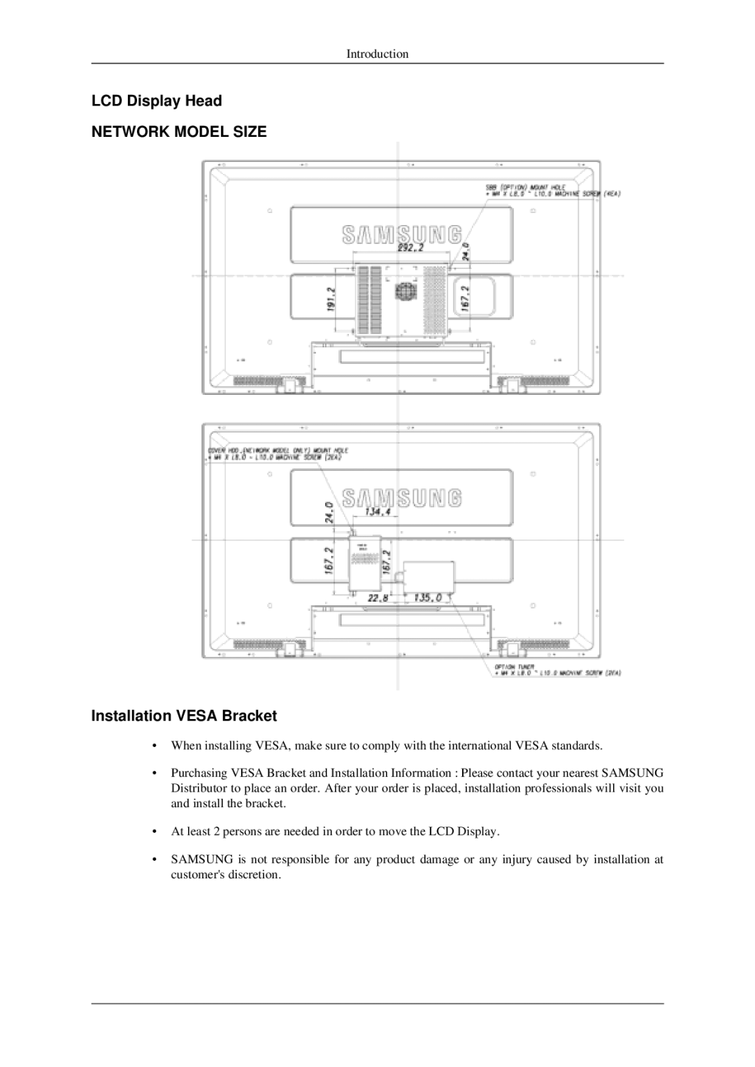 Samsung 520DXN user manual LCD Display Head, Installation Vesa Bracket 