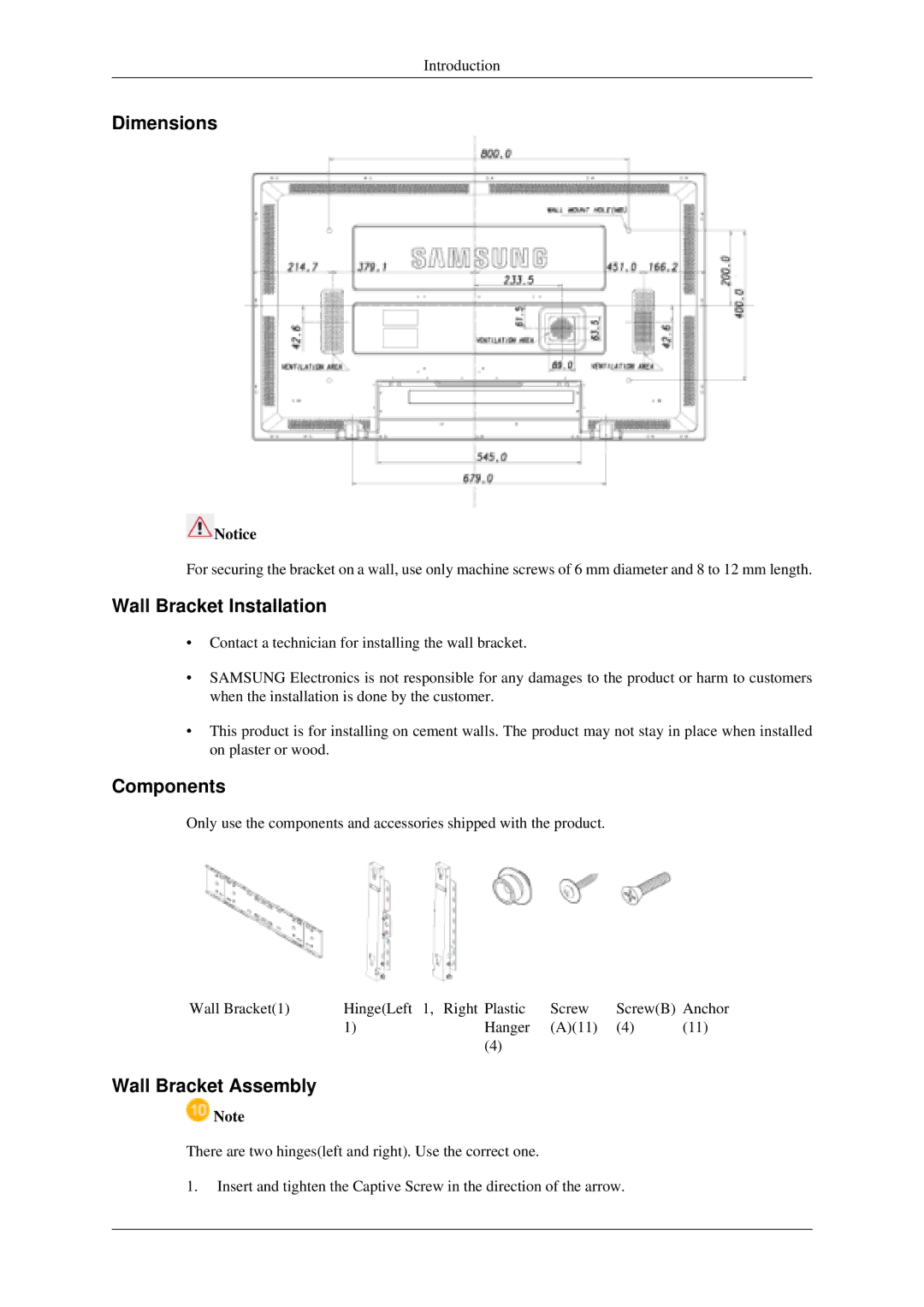 Samsung 520DXN user manual Dimensions, Wall Bracket Installation, Components, Wall Bracket Assembly 