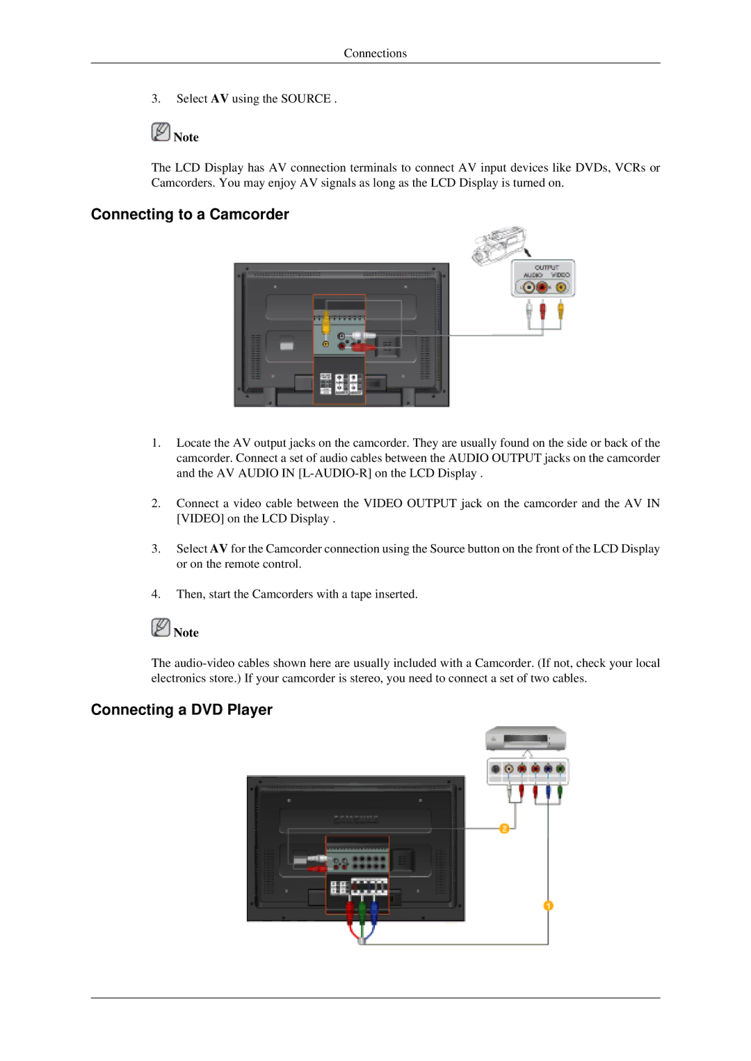 Samsung 520DXN user manual Connecting to a Camcorder, Connecting a DVD Player 