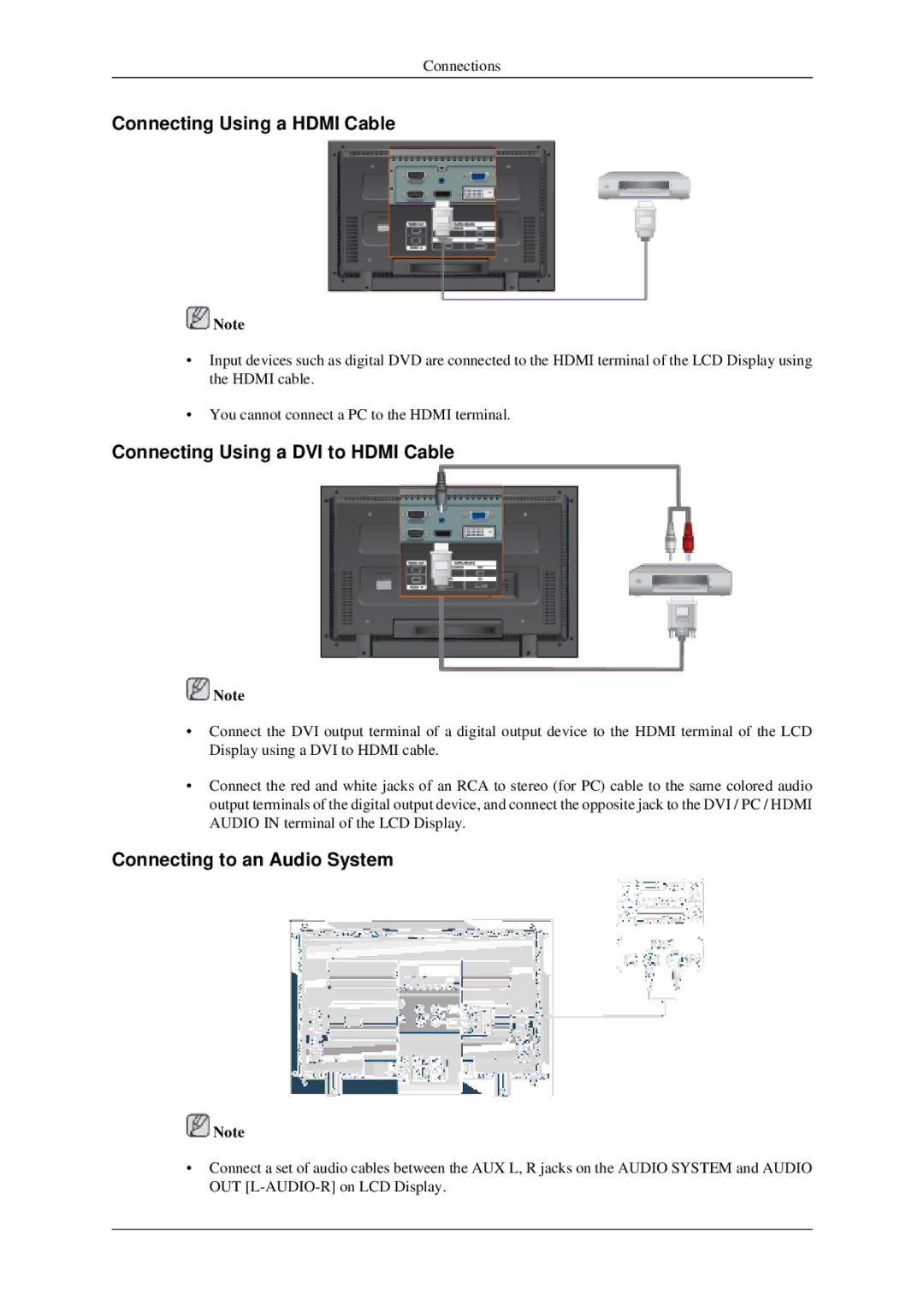 Samsung 520DXN Connecting Using a Hdmi Cable, Connecting Using a DVI to Hdmi Cable, Connecting to an Audio System 