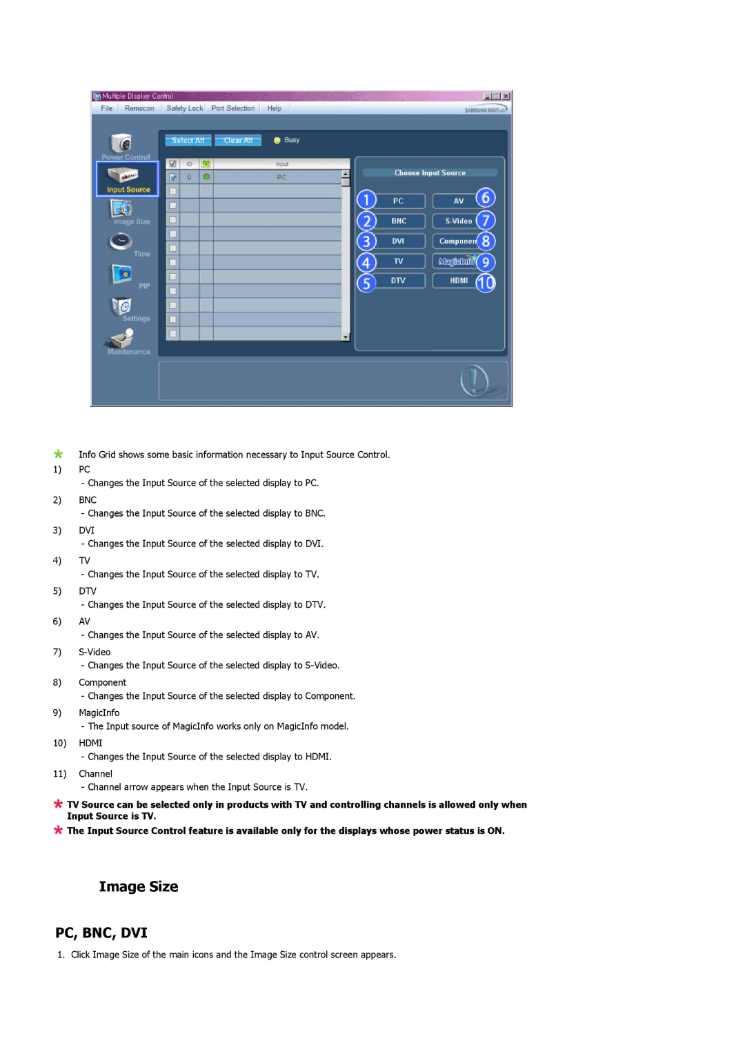 Samsung 520DXN user manual Image Size, Pc, Bnc, Dvi 