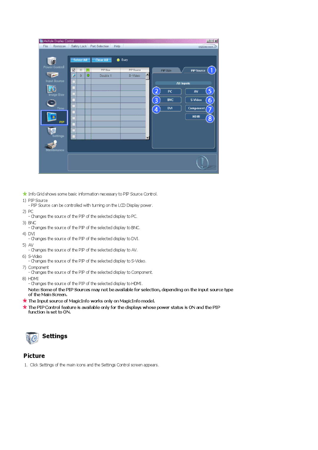 Samsung 520DXN user manual Settings Picture 