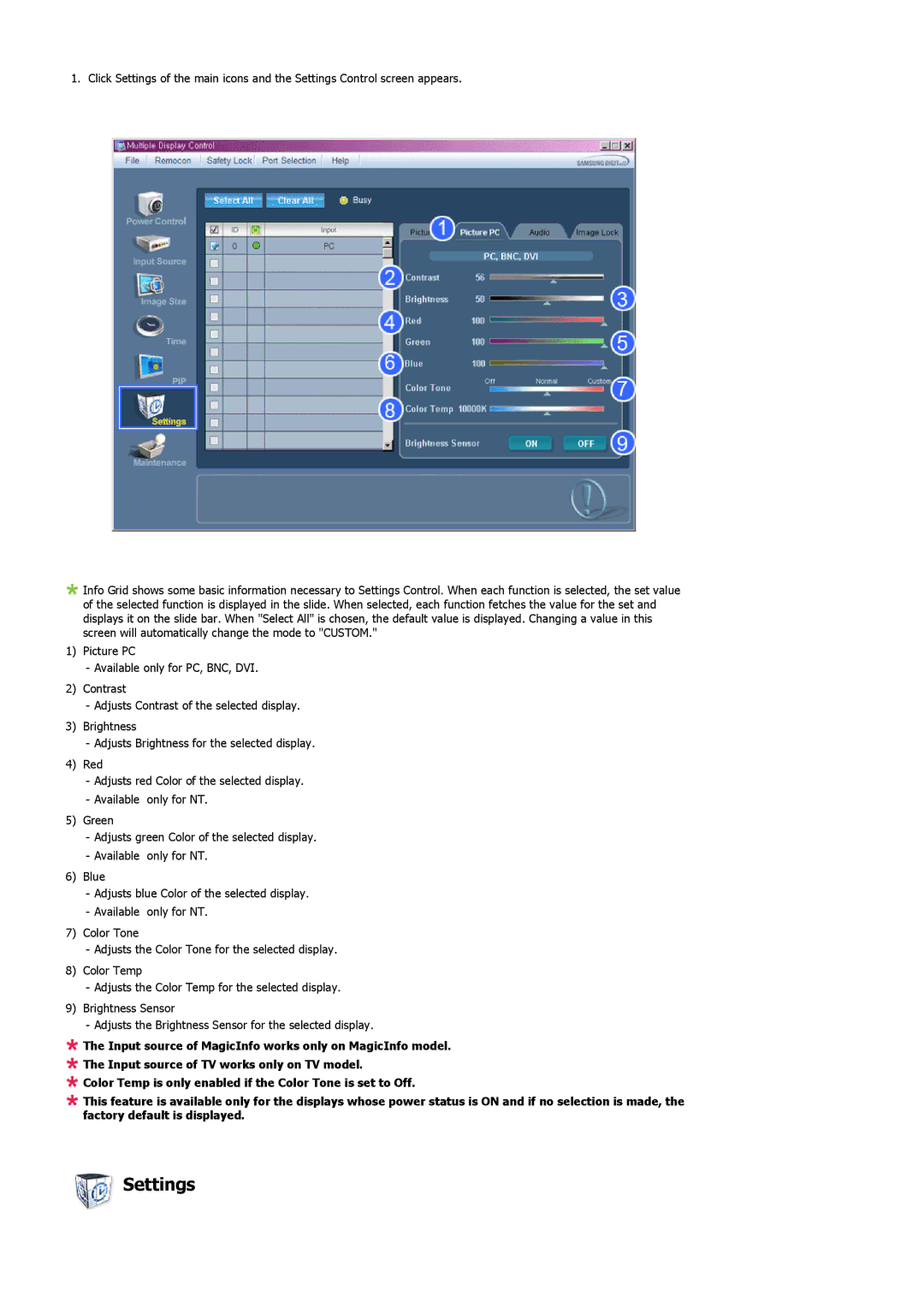 Samsung 520DXN user manual Settings 