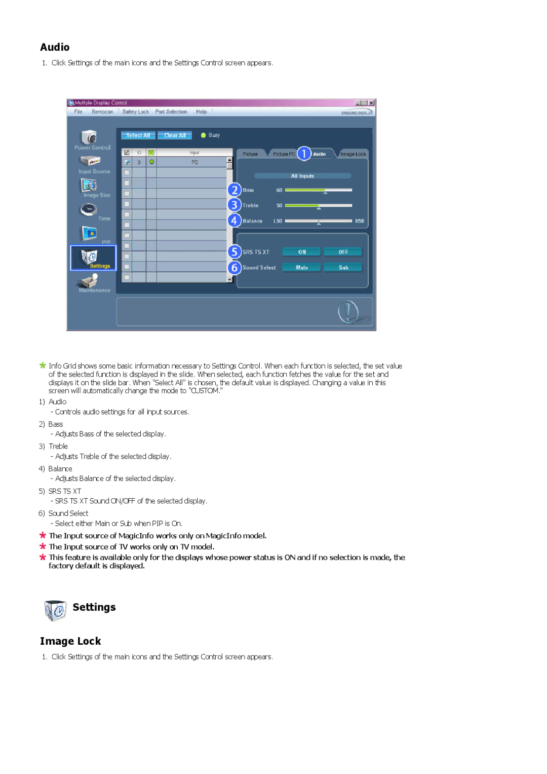 Samsung 520DXN user manual Audio, Settings Image Lock 