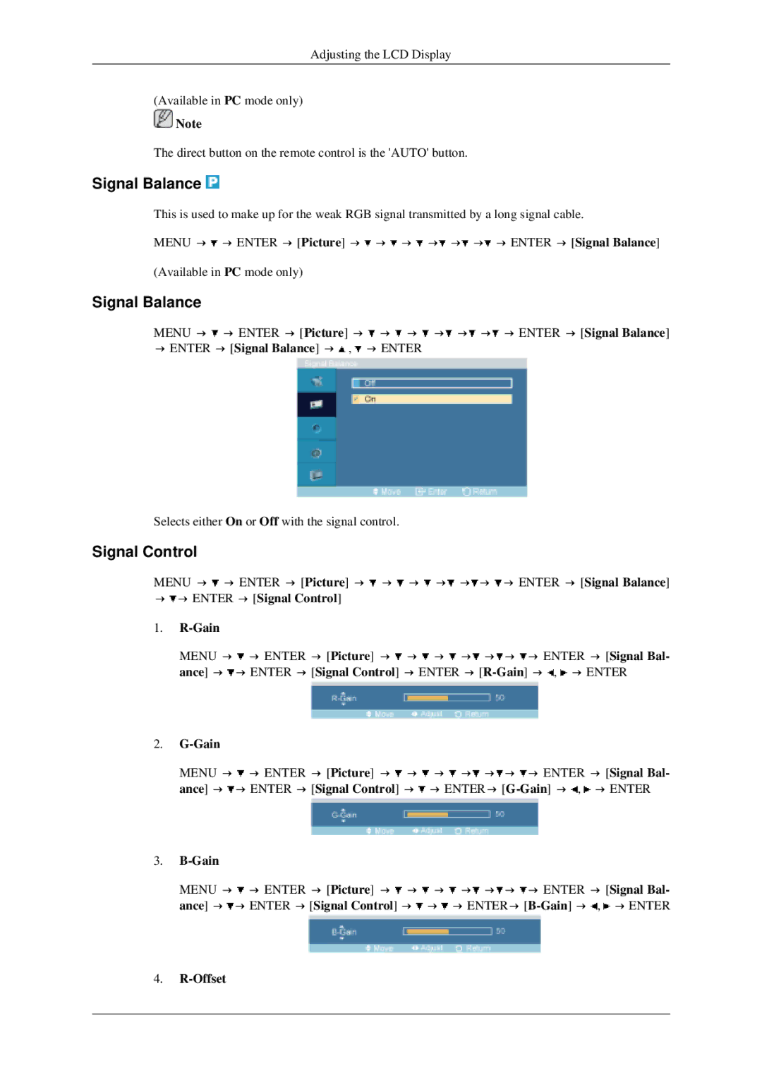 Samsung 520DXN user manual Signal Balance, → → Enter → Signal Control Gain, Offset 