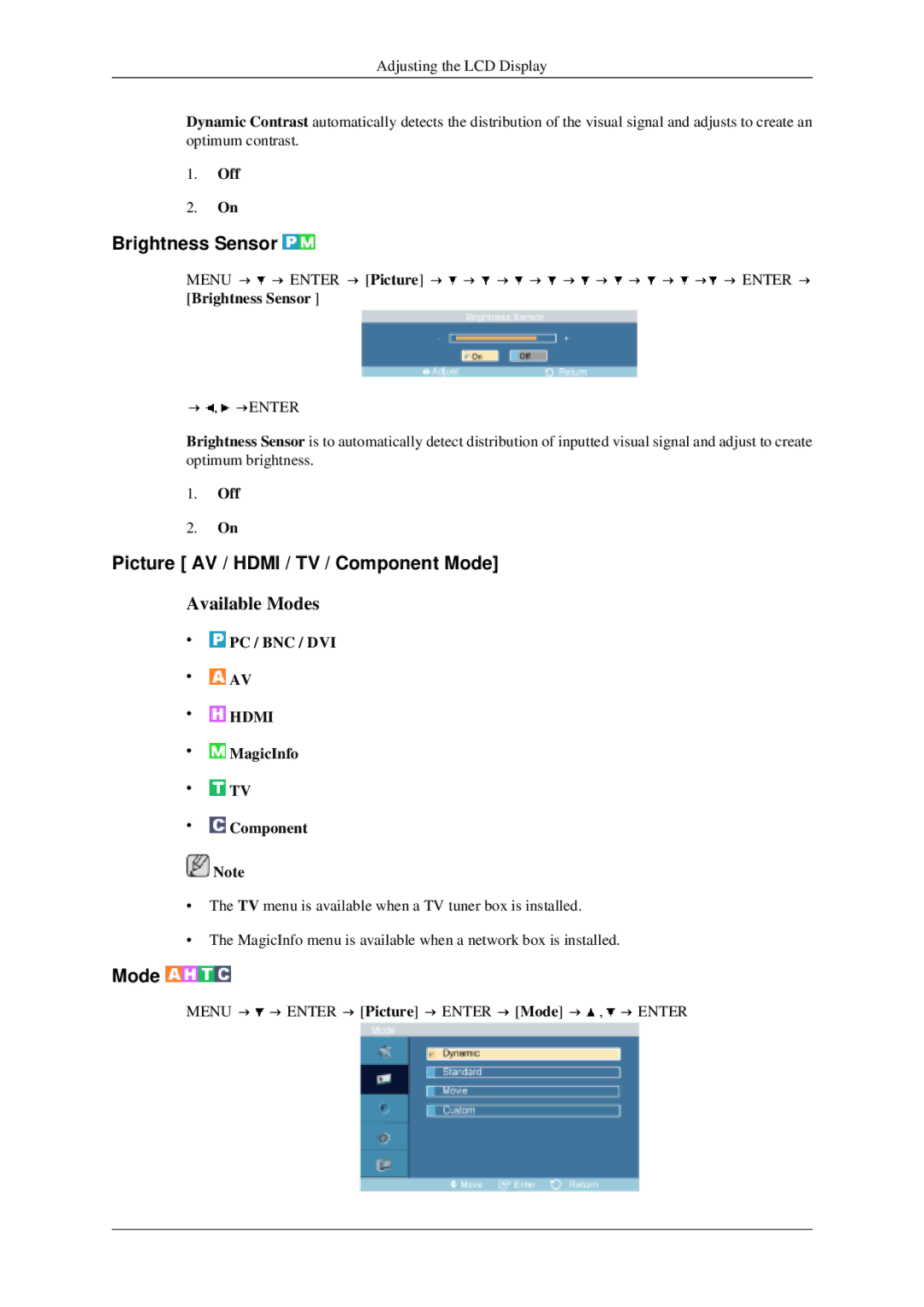 Samsung 520DXN user manual Brightness Sensor, Picture AV / Hdmi / TV / Component Mode, Off 