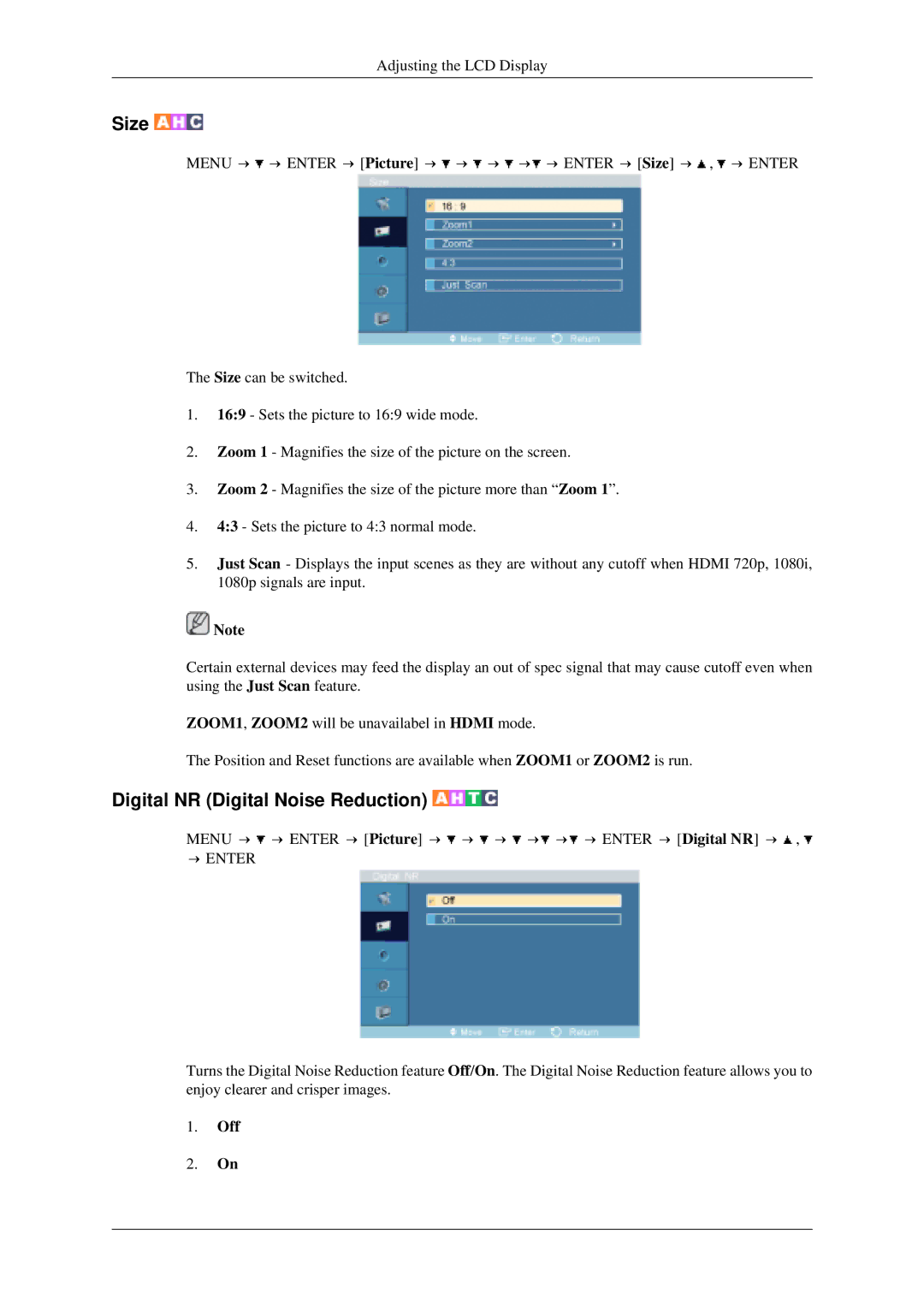 Samsung 520DXN user manual Size, Digital NR Digital Noise Reduction 