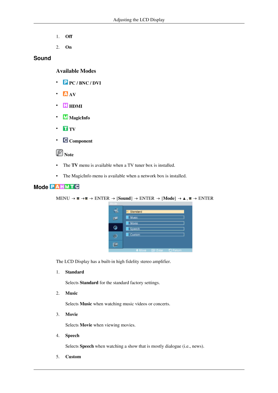 Samsung 520DXN user manual Sound, Standard, Music, Movie, Speech 