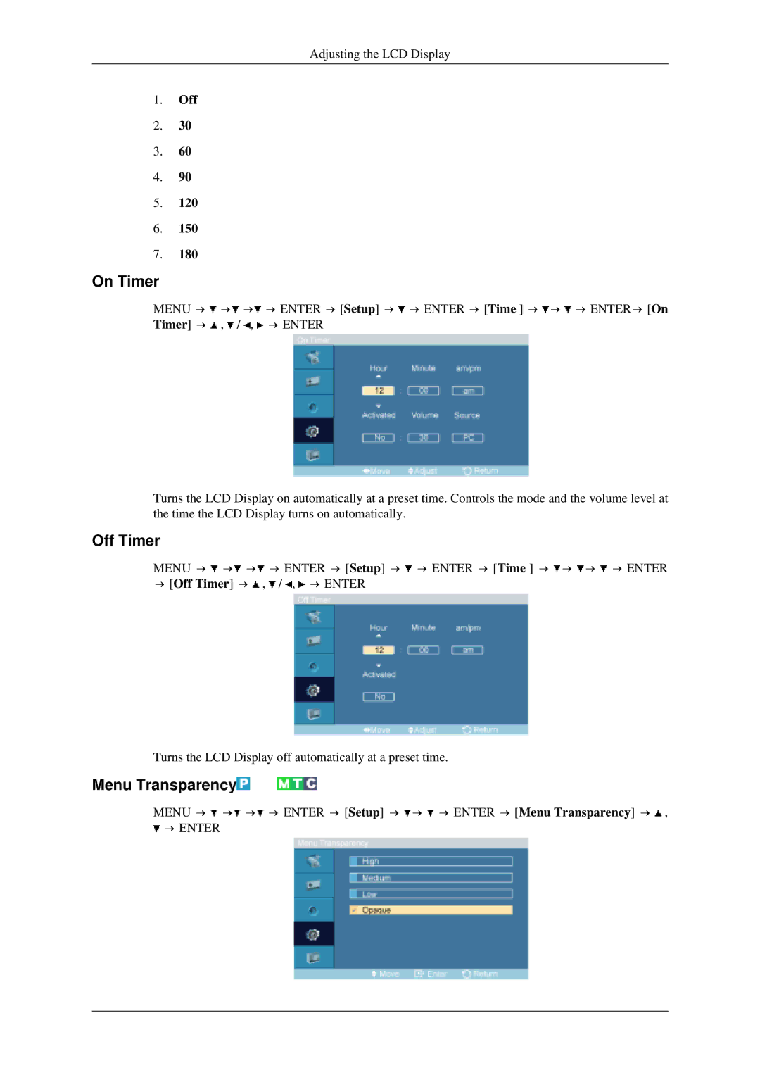 Samsung 520DXN user manual On Timer, Off Timer, Menu Transparency 