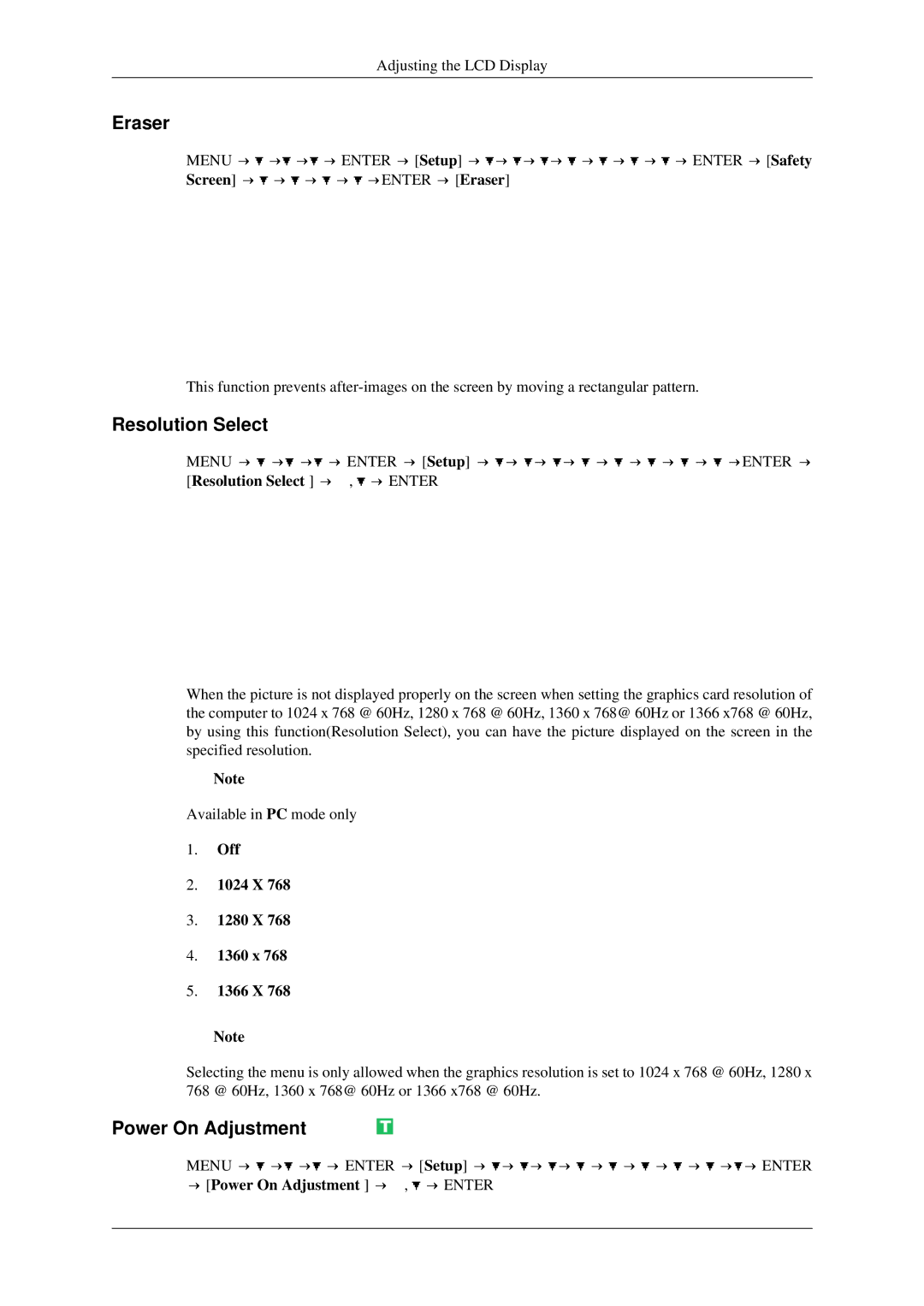 Samsung 520DXN user manual Eraser, Resolution Select, Power On Adjustment, Off 1024 X 1280 X 1360 x 1366 X 