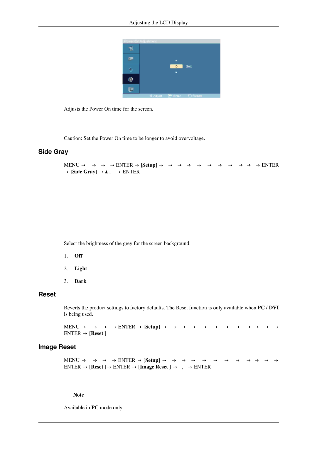 Samsung 520DXN user manual Side Gray, Image Reset, Off Light Dark 