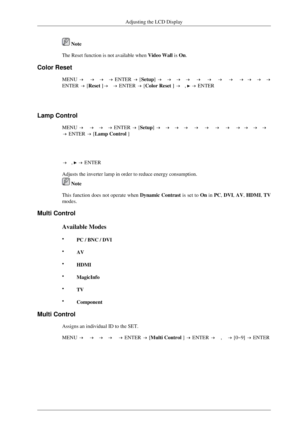 Samsung 520DXN user manual Color Reset, Multi Control, → Enter → Lamp Control 